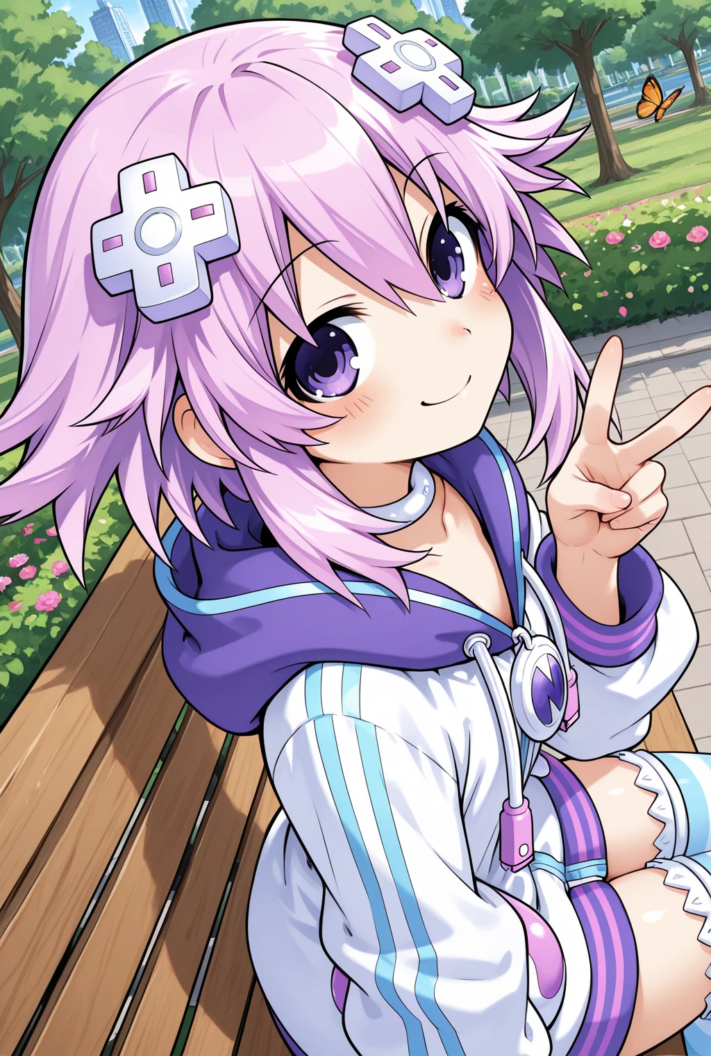 (best quality), (highres), ((toon (style))), (cartoonized), bold outline, (cartoon), flat colors, saturated, BREAK
anatomically correct, good eyes, good hands, good perspective, (upper body:1.5), (from above:1.5), from side, dutch angle, BREAK
(1girl, ((Neptune (neptunia))), neptune (series), solo, cute, smug, blush, adult, short stature, flat chest, purple hair, purple eyes, d-pad hair ornament, hoodie, white choker, striped thighhighs, looking at viewer, v, sitting on modern bench), BREAK
city, futuristic, clean, beautiful scenery, park, flowers, butterflies, modern bench, trees, day, daylight