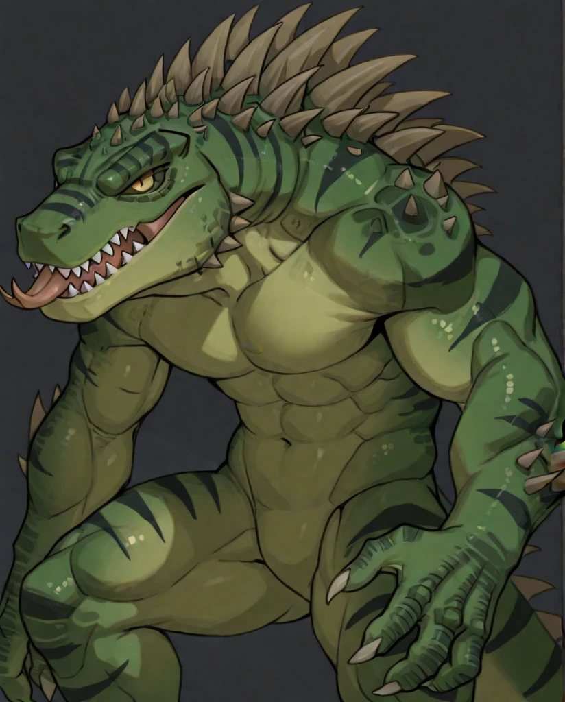 8k、((((No humans))))、Libra, reptiles, Crocodile, green body, Crocodile, Muscular, green scale, teeth、Irritated、Combat Stance、Movement angle、(White background)