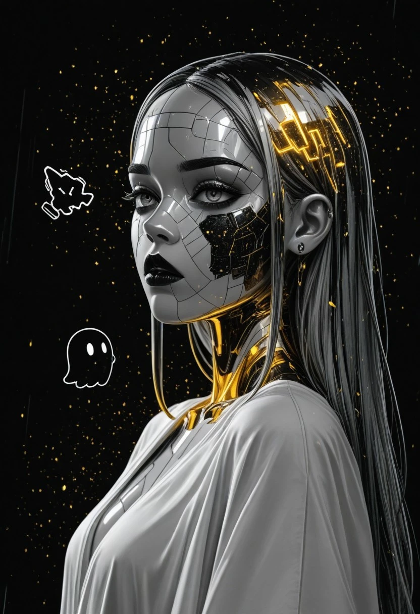 ztekno artwork, 3d cg portrait of a futuristic woman, cyberpunk style, glowing ink-lined outline over chrome-skin, synthetic hair flowing in soft digital waves, silky metallic robe with gold-reactive inlays, soft shimmering reflections on lips and neckline, abstract facial structure with geometric softness,
[techno balcony over digital horizon, synthetic flowers with gilded circuitry, neon sun rendered in glowing gold plasma, (gold edge shimmer:1.3), (digital brush texture:1.0), (glitch bleed shadows:0.8)],
captured from side angle, textured synthetic background, high-contrast glitch lines with ethereal neon softness, transparent glass walls, monochrome void sky, floating digital creature silhouette, large architectural structures, (ghost data trail:0.7), close-up::1, black and chrome, (void shimmer:1.0), (neon ink bleed effect:1.2), (architectural silence:0.8)