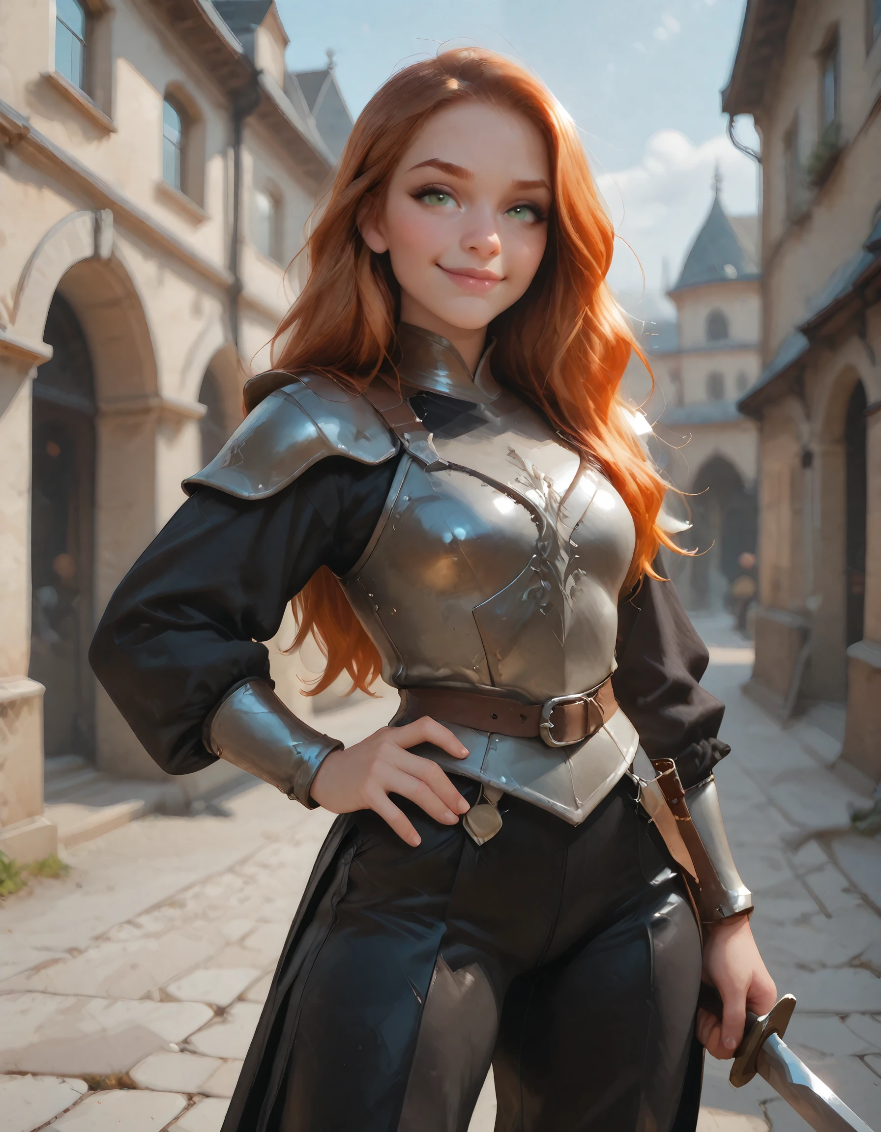 masterpiece, best quality, amazing quality, very aesthetic, absurdres, Darlene, artist style, 1girl, sexy, pose, medieval setting, green eyes, long hair, ginger hair, swept hair, long hair, small breasts, cuirass, black leather pants, short sword in scabbard, detailed face, lineless, incoth, sassy smile, city background, dynamic background,