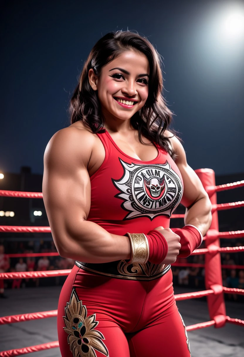 TwinBunHair、black hair、muscular body、female body builder、red bra top、Yellow shorts、yellow knee high boots、female professional wrestler、standing on pro wrestling
