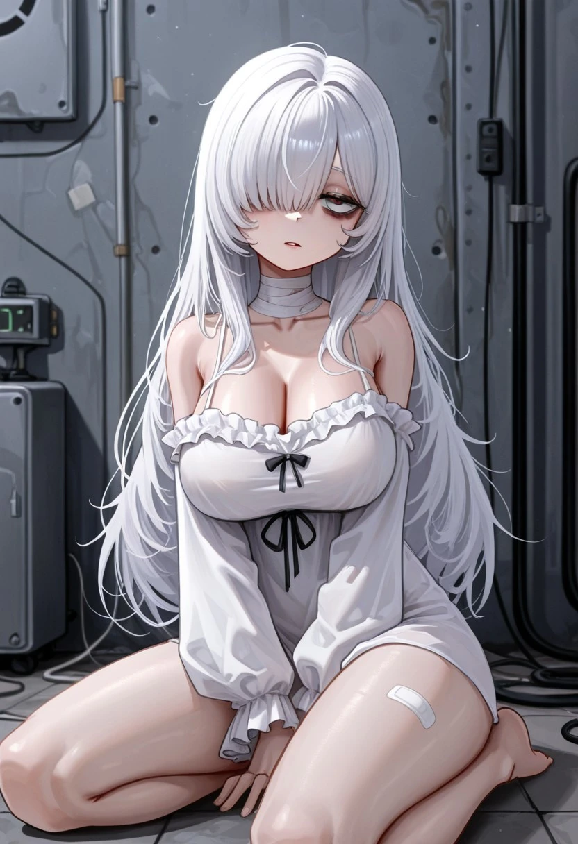 anime, tears, open mouth, slave, chain, collar, sweating, clothes torn wide, areola, pubic hair