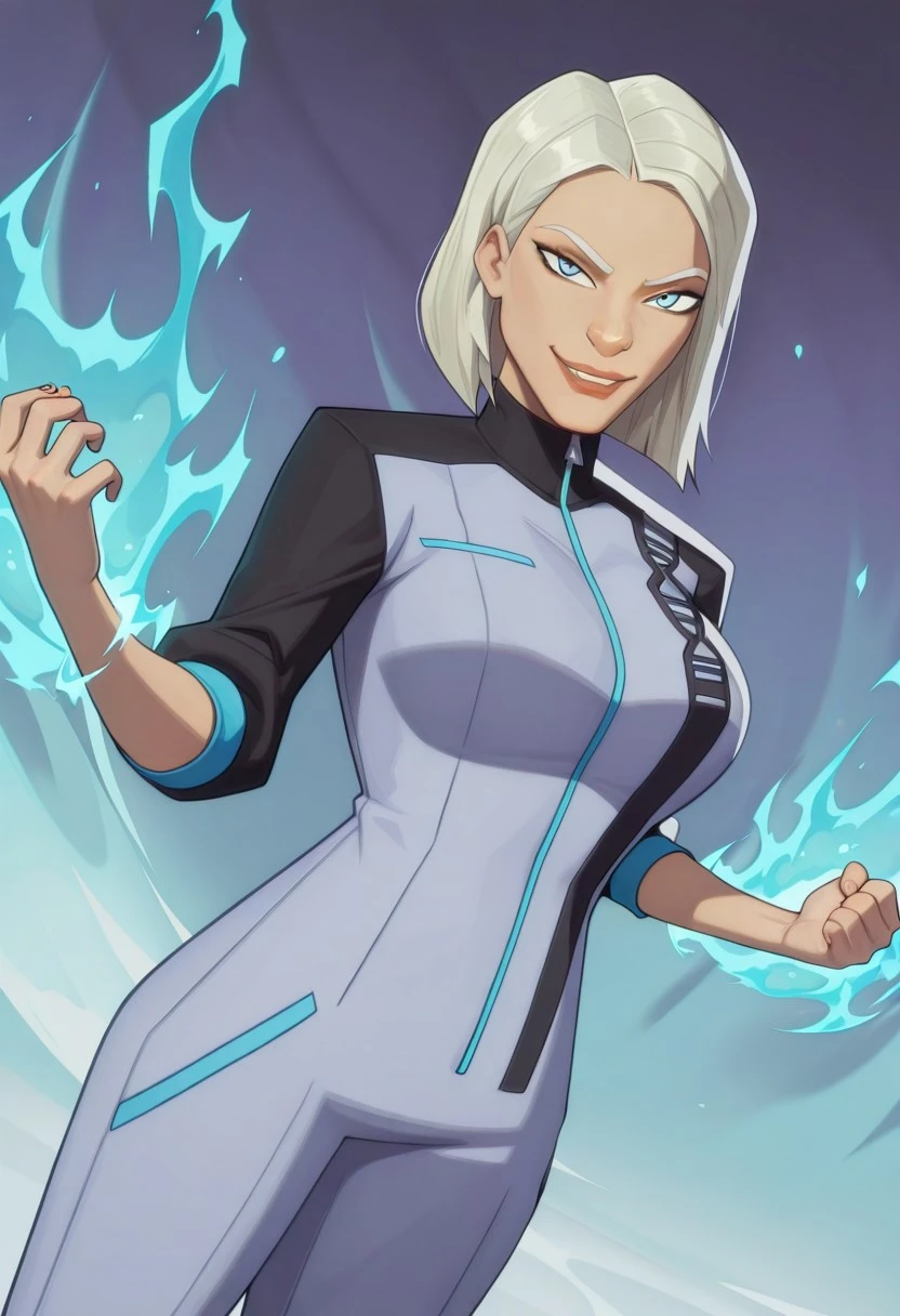 highres, hi res, best quality, masterpiece, intricate details, absurdres, 4k,, semi realistic, cartoon,
1woman, dremilia, medium hair, white hair, blue eyes, white eyebrows, jumpsuit, bodysuit, grey jumpsuit, grey and black jumpsuit, tight jumpsuit, zipper, cyan zipper and accents, high collar, rolled-up sleeves, black footwear, ankle boots, sleek heeled boots, female villainess, evil smile, blue eyes, huge breasts, large breasts, blue energy, energy around, aura, looking at viewer, dynamic pose, fighting stance, cowboy shot, multicolored background, dutch angle,
, MarvelRivals, <lora:AMarvelRivals_style-06:1>