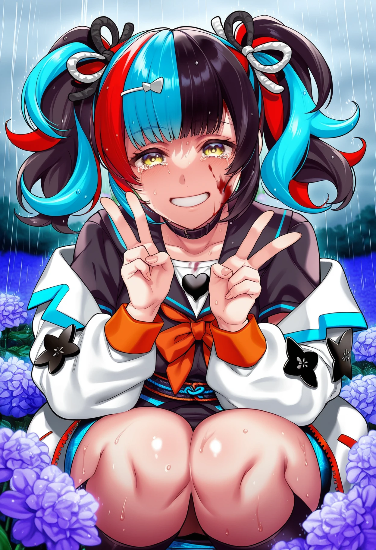 <lora:yoshitora_5ty1e:1> yoshitora_5ty1e, 1girl, sei shounagon \(fate\), two-tone hair, twintails, double v, blood on face, blood on clothes, smile, tears, detailed background, rain, sweat, shiny skin, flower field,