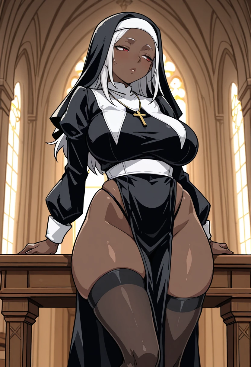 Black girl, Mature adult woman, big ass 1:9, big  1:9, (((masterpiece))), score_9, score_8, score_7, thick thighs, Fleshy pussy, large vaginal lips, ((high quality)), penetrating gaze, sexual scene, hot woman, (((Black skin))), black pussy, big black nipples, (((Nun in white transparent dress))), focus on the woman, sexy black girl, huge clitoris, At church, White transparent dress, cameltoe clothed on dress