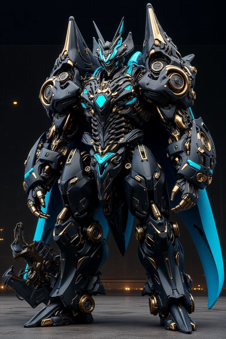 A a strikingly designed black cyan and blue mecha, massive viking axe