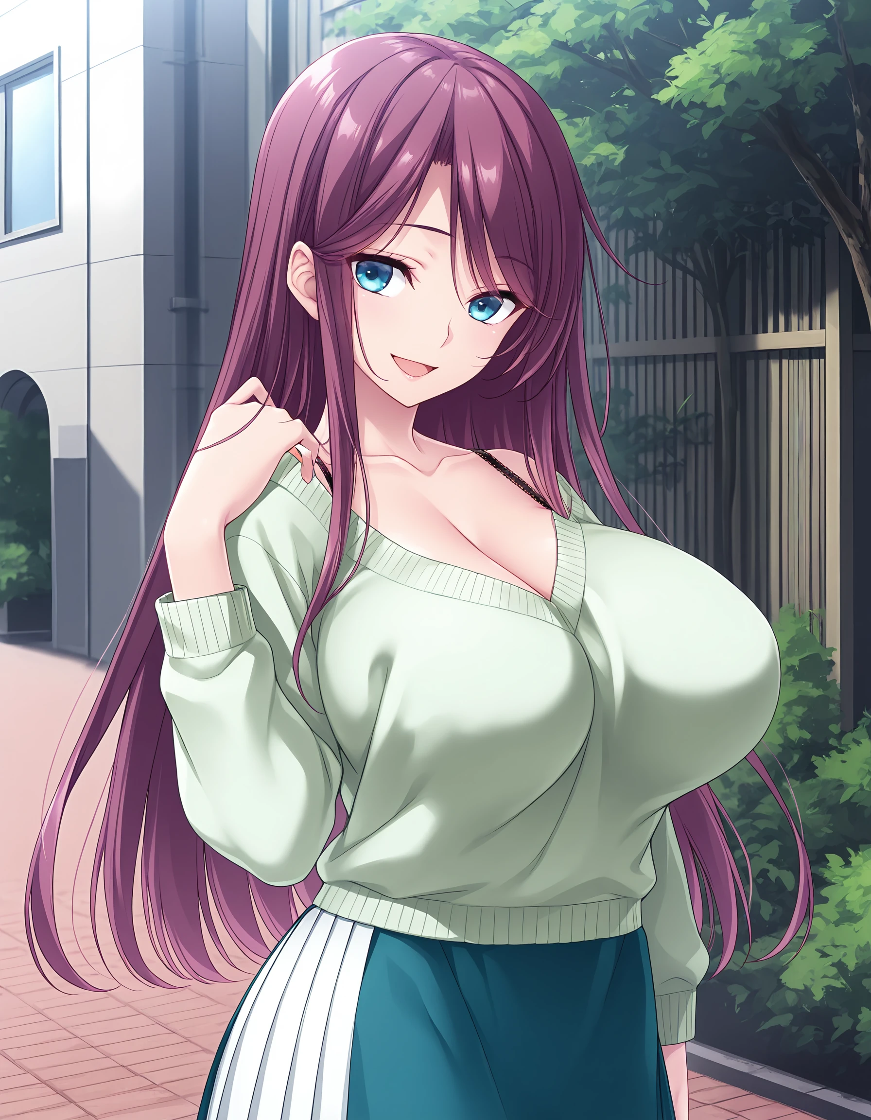 (masterpiece, best quality, ultra-detailed, high resolution, detailed eyes), takeda hiromitsu style, 1woman(40 years old), large breasts, voluptuous body, looking at viewer, cowboy shot, standing, casual clothes, makeup