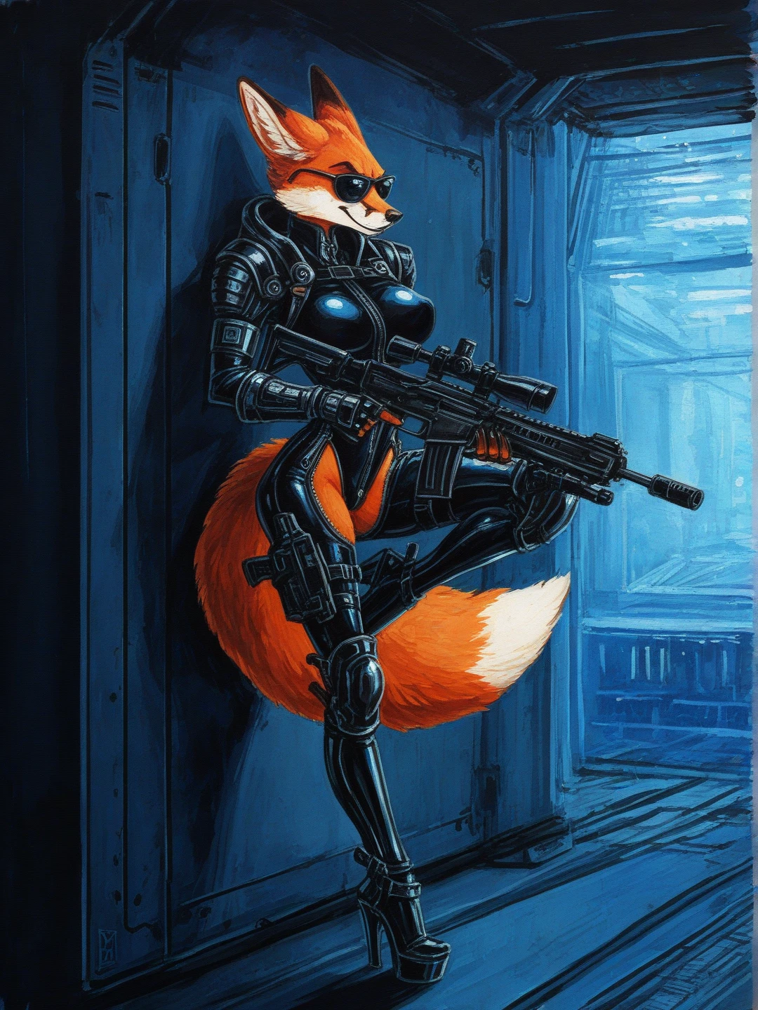 oil painting, traditional media, painterly, (impasto:1.2), impressionism, textured, high contrast, sketch,
pinup, upper body, detailed background, solo, alone, inside, profile, (cute:1.2), science fiction, mass effect, playful, smirk, back against wall, resting, leaning, holding gun, assault rifle, ar platform, acog scope, fighting pose, one leg up, foot on wall,
1girl, anthro female, furry, fox, large breasts, perfect breasts, skinny, confident, tail,
sunglasses, oakleys, skintight bodysuit, armored, pauldrons, gauntlets, bulletproof vest, latex, zipped up, zipper, skindentation, thigh highs, bimbo body, fingerless gloves, tactical gear, high heels, hip vents, fluffy,
<lora:ledroit:1>,