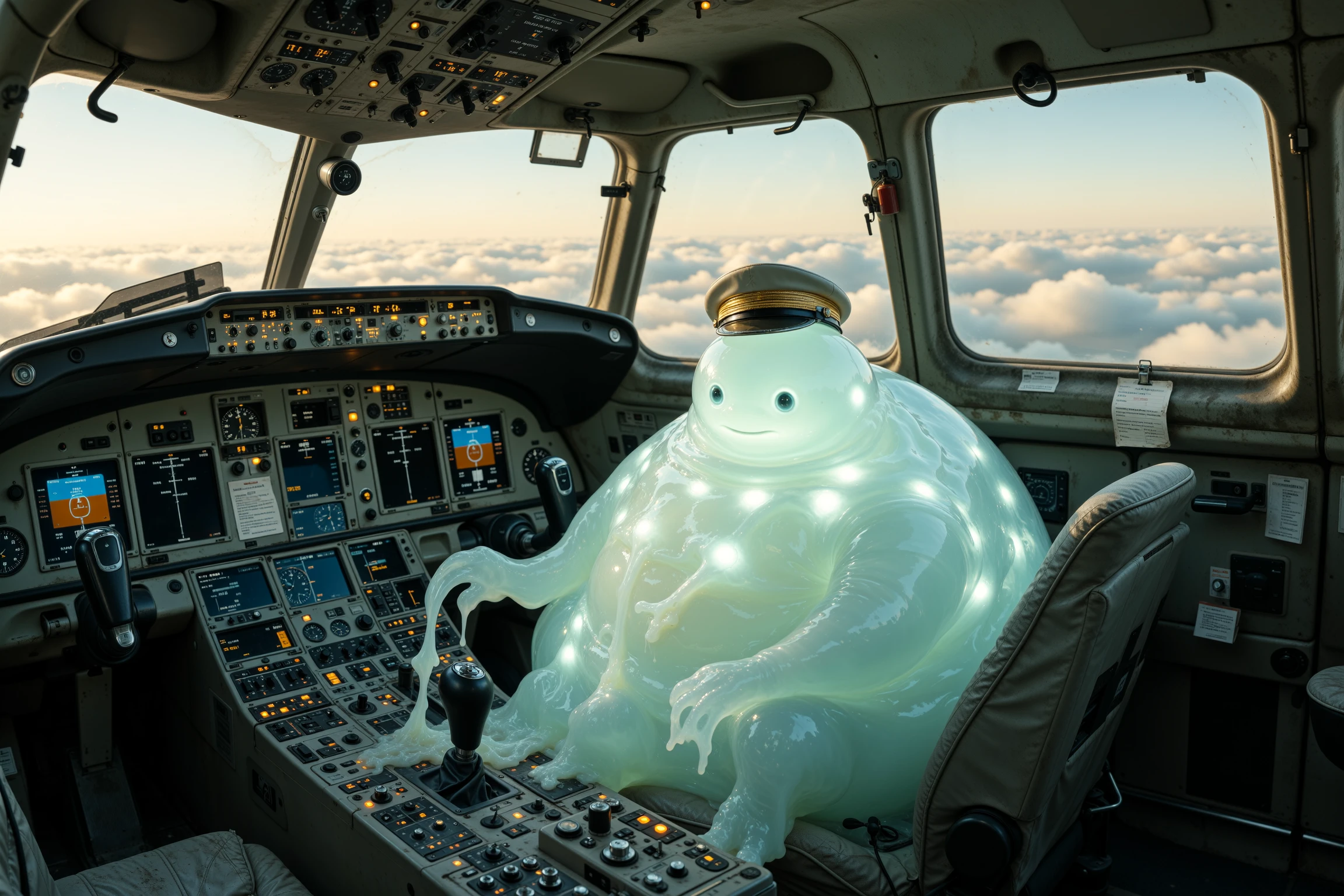 b10b, a bulbous, translucent blob creature seated in the pilot’s chair of a commercial airliner cockpit, its oozing form molded awkwardly around the controls, glossy folds of its gelatinous body pressing against toggles, switches, and levers; bioluminescent pulses ripple beneath its semi-clear surface, casting a faint glow onto the instrument panel as several tendrils of slime stretch out to poke at blinking buttons with surprising precision; it wears a slightly askew captain’s hat perched atop a smooth dome of shifting goo, the gold trim glinting under the cold, artificial light; the cockpit is cramped and cluttered with blinking monitors, illuminated flight gauges, and laminated checklists pinned beside worn throttle handles; out the wide front windows, clouds streak by in soft cotton waves as the aircraft cruises above the earth, sunlight casting a soft golden hue across the glass; ambient hum of engines vibrates faintly through the metal, as the blob pilot emits a low, satisfied gurgle, eyes fixed forward in calm focus
micro-textures, surface imperfections, high-frequency details, dirt and scratches, wear and tear, natural reflections, subsurface scattering, photorealistic, hyperrealistic, photo-quality, DSLR photo, 8k resolution, realistic lighting, sharp focus, dramatic lighting, volumetric lighting, soft shadows.