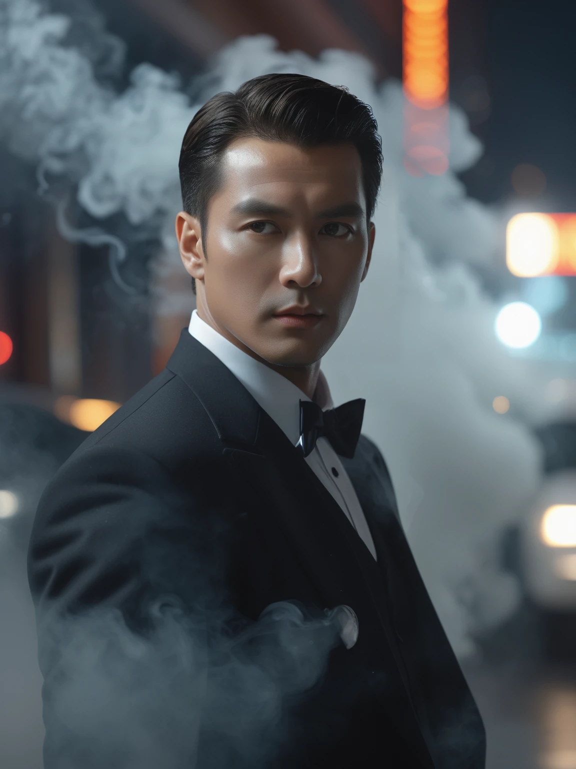 guiltys, a detective man, tuxedo on, thriller theme, upper body, deal with it, serious theme, dramatic mood, (bokeh:1.1), depth of field, style of Casey Baugh, tracers, vfx, splashes, light particles, police departament background, signs, illustration, artstation, smoke, fog, steam
