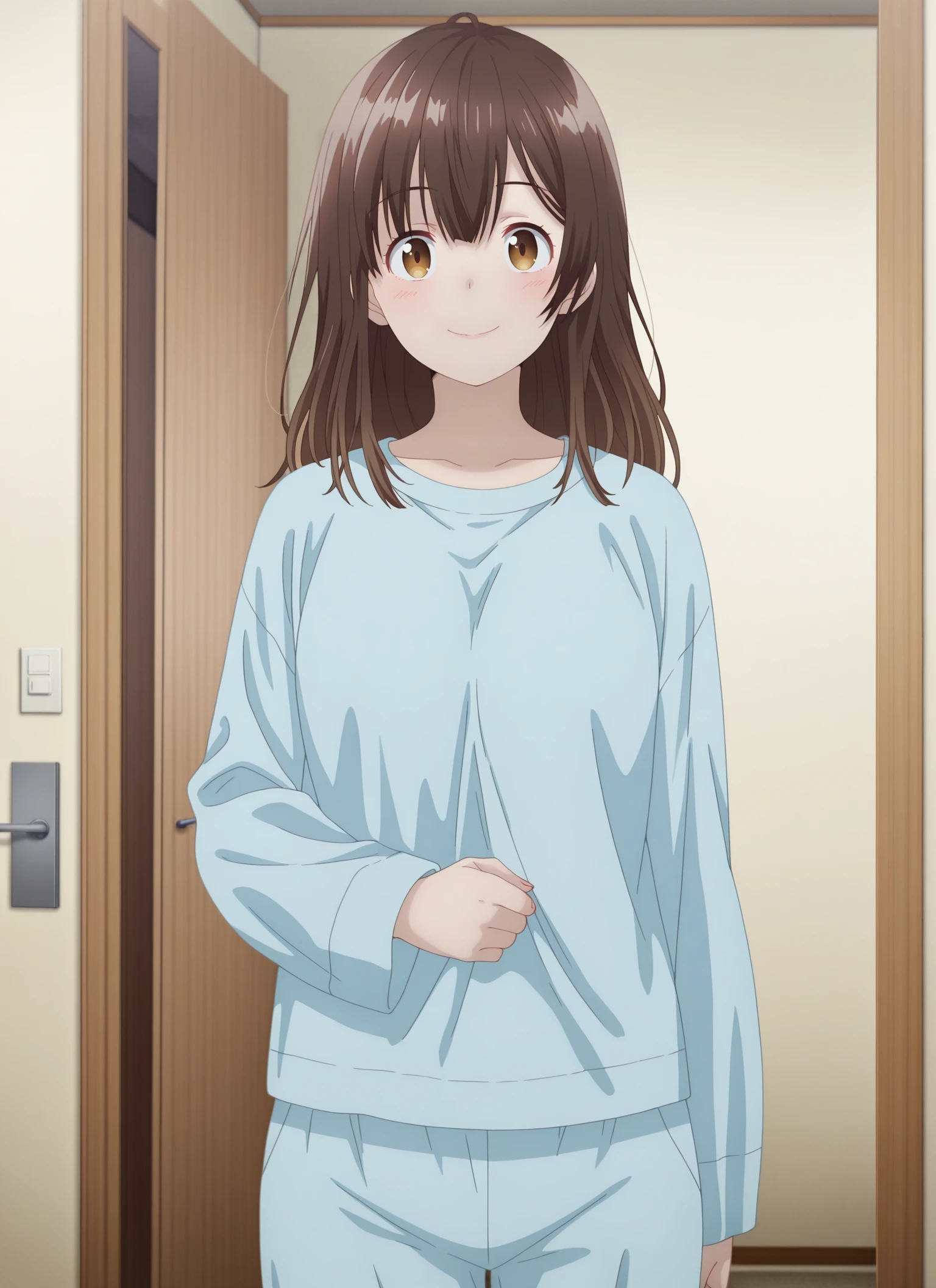 anime screenshot, hige wo soru. soshite joshikousei wo hirou, ogiwara sayu, 1girl, solo, brown hair, long hair, brown eyes, , pajamas, blue shirt, blue pants, long sleeves, puffy sleeves, puffy long sleeves, looking at viewer, cowboy shot, indoors, curtains, masterpiece, best quality, high quality, highres, absurdres, <lora:ogiwara_sayu_ILXL:0.9>