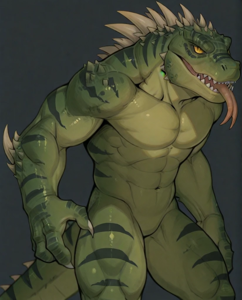 Ultra-detailed, a captivating full-size portrait of a majestic anthro reptile, displays a sculpted, intricate penis, accentuating its dominance. With a long, powerful tail and scales that shimmer with a deep, mesmerizing green, the reptile stands in a regal pose, casting a commanding gaze that seems to pierce through the viewer. The detailed eyes gleam with a predatory intensity, as if daring the onlooker to challenge its dominance. Set against a backdrop of a dimly lit, ancient temple, the reptile's muscular form is bathed in dramatic, atmospheric lighting. The intrМускулистая гей рептилия с большим детализированным членом