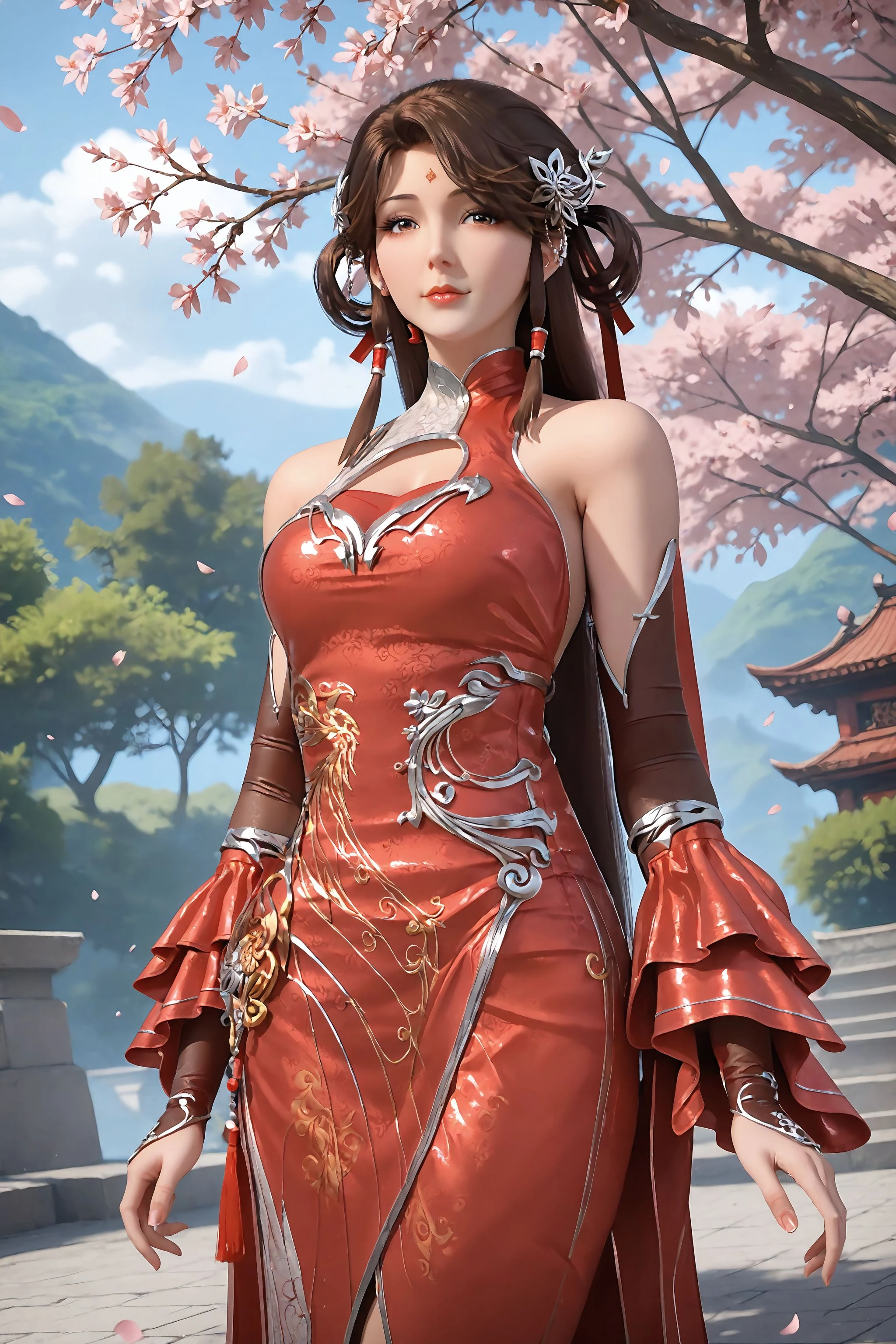 score_9, score_8_up, score_8, source_real, real skin, rating_explicit, mature female, ExpresiveH, best quality, unreal engine,game,cg, very aesthetic, CG, masterpiece, ultra high res, highres, More Details, high rating,Intricate and refined delicate details, looking at viewer, shiny, shiny skin,
<lora:age_slider_v4:4>,
<lora:huolinger_qipao:1>, 1girl, solo, dress, brown hair, chinese clothes, long hair, hair ornament, red dress, china dress, brown eyes, detached sleeves, bare shoulders, hair rings, gloves, jewelry, cherry blossom, tree, outdoors, sky,