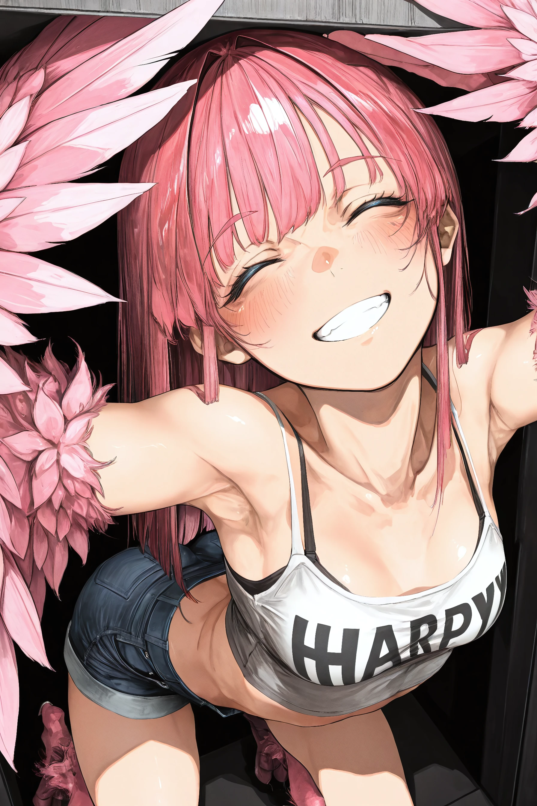 (gaku artstyle),  masterpiece, best quality, amazing quality, very aesthetic,solo,black background,solo,(harpy, straight hair, small , long hair, pink hair, blue eyes), , under the table, hand on head, (crop top, bra straps,short denim shorts), smile, grin, eyes closed, top view,