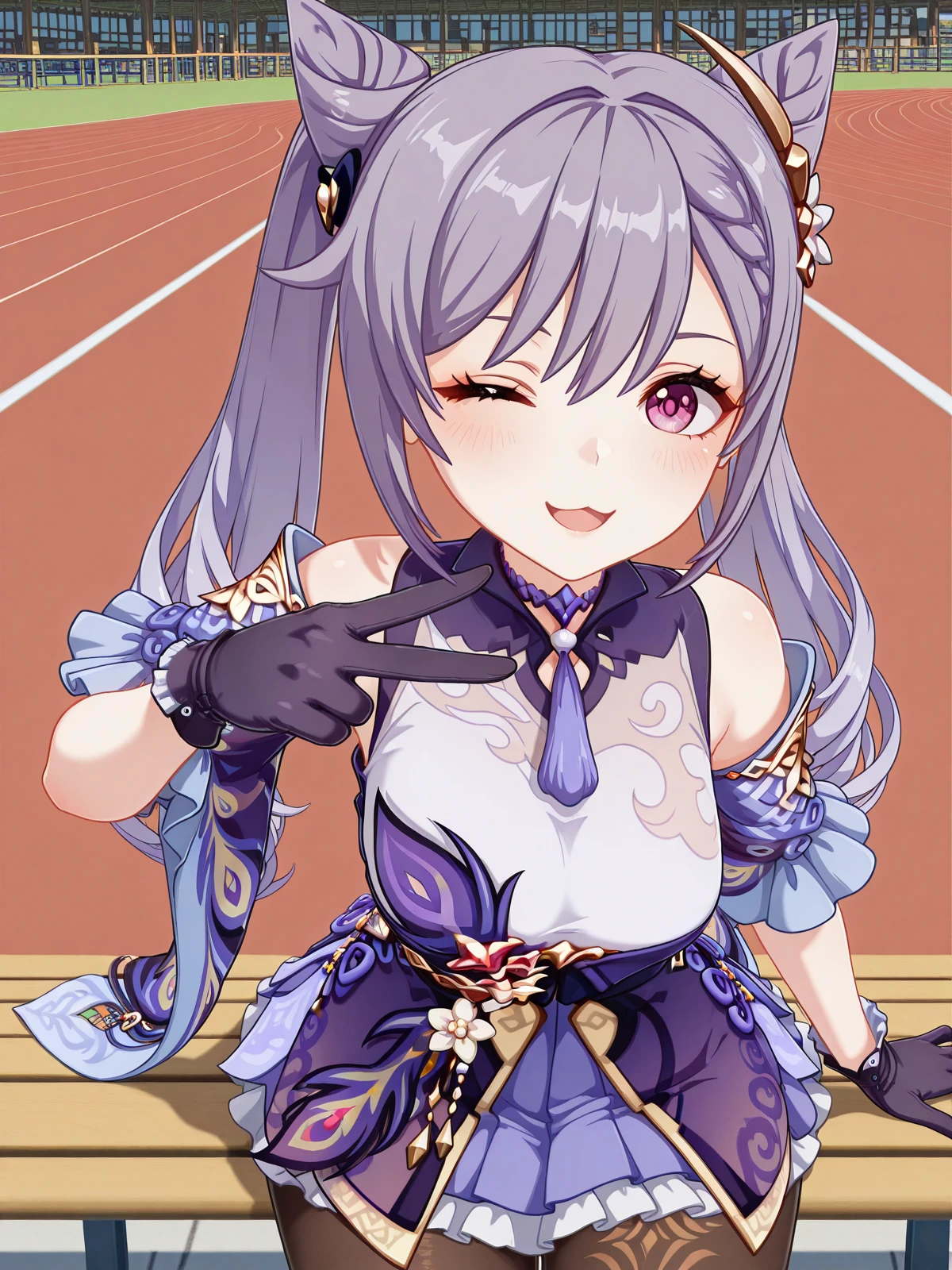 masterpiece, best quality, amazing quality,, <lora:genshin-keqing-ingame-illustriousxl-lora-nochekaiser:1>, keqing, keqing (genshin impact), braid, cone hair bun, hair bun, hair ornament, long hair, purple eyes, purple hair, mature female, medium breasts, 3d,, bare shoulders, black pantyhose, detached sleeves, dress, gloves,, <lora:gyaru-v-illustriousxl-lora-nochekaiser:1>, gyaruv, solo, looking at viewer, blush, smile, open mouth, sitting, one eye closed, v, :3,, running track, lanes, red, exercise, race, cowboy shot, solo, looking at viewer,
