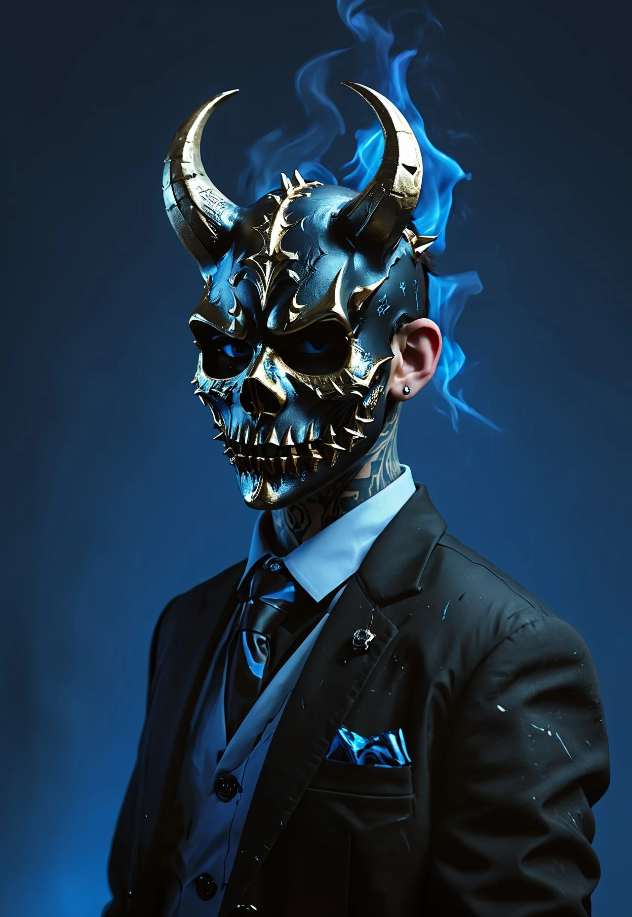 1boy, Alex_the_terrible_mask, mask, horns, Highly detailed RAW color Photo, shirt, long sleeves, jewelry, jacket, upper body, earrings, necktie, collared shirt, hand up, necklace, black jacket, gradient, black nail polish, gradient background, tattoo, glowing, formal, ring, suit, cross, mask, skull mask, spikes, black suit, metallic texture, blue theme, blue fire, multiple rings, hand tattoo, simple background, dark blue background, blue theme, gorgeous details, depth perception, backlighting, photorealistic, breathtaking scenery, perfectly rendered reflections, detailed clothing, dramatic lighting, shadows, dark lighting, soft light, dof, depth of field, realistic, dark background, CINE, blue embers, low-key, Low-key lighting