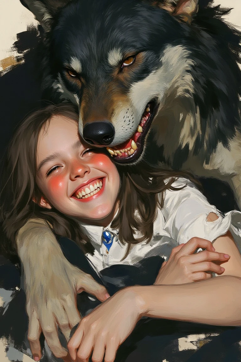 A companion style realistic digital painting with bold expressive brushstrokes depicting a young girl with long brown hair, smiling broadly with flushed cheeks, lying close to a large menacing wolf. The wolf's fur is dark with white accents, and its sharp teeth are visible in a slightly open mouth. The girl's white blouse is slightly torn, and she clutches her arm protectively. The background is dark and abstract, emphasizing the characters. The girl's joyful expression contrasts with the wolf's intense gaze, creating a dynamic and emotionally complex scene.