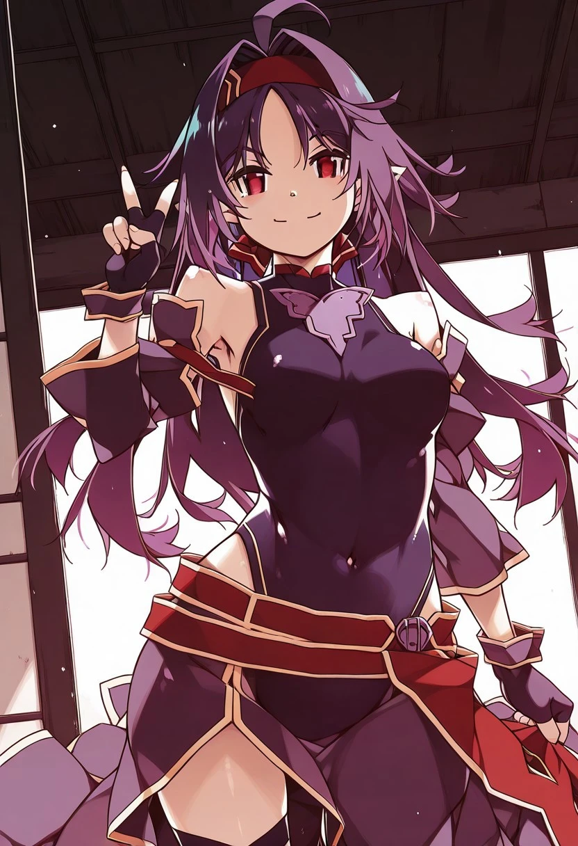 NSFW,masterpiece,Highest quality,High resolution,Super detailed,yuukibase, Purple Hair, Long Hair, Ahoge, Red eyes, Pointed Ears, hair band, armor, breastplate, Removable sleeves, leotard, Purple Skirt, Bare shoulders, gloves,Embarrassed,Watery eye,smile,blush