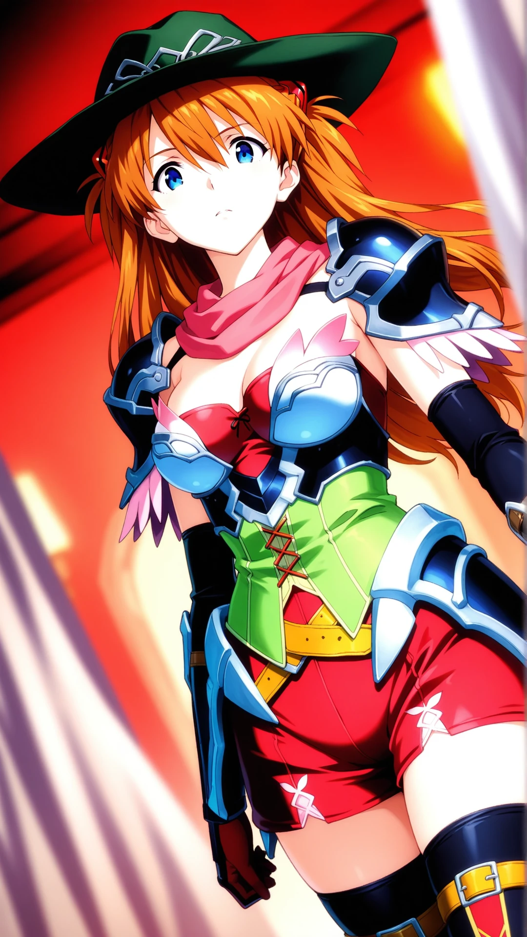 masterpiece, Anime screenshots, 1 Girl, alone, Brown Hair, Long Hair, Green Eyes, Red dress, Cleavage, Bare shoulders, Purple knee socks, - Elbow hand pockets, Black wings, Outdoor, inhibition, Tentacles, Shuma-Gorath, Cowboy Shot, whole body, Purple elbow gloves, Messy Hair, Hair on one eye, Big Breasts, beautiful, best quality, masterpiece,  ultra detailed, master work, cg unity 8k wallpaper, ultra high res, super fine illustration, ultra detailed beautiful face, perfect eyes, 