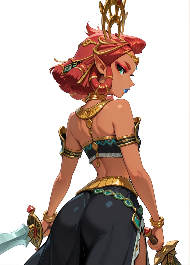 ((masterpiece,best quality)), absurdres,
<lora:Twinrova_v2:0.7>, Twinrova, fire hair, ice hair, twintails, green skin, white pants, yellow eyes,
smug, cowboy shot, looking at viewer,
from behind, contrapposto,