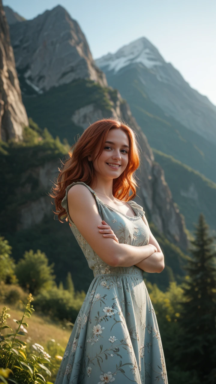 score_13, score_12, score_11, score_10, score_9, score_8, a woman,redhead model, arms crossed, bohemian dress, mountain landscape, low-key lighting, low angle, flirtatious smile