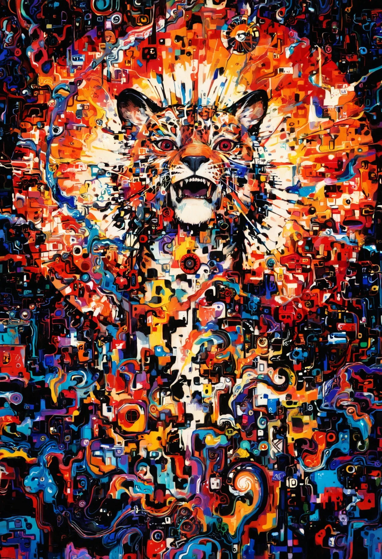 masterpiece, best quality,, abstract art stylized by Justin Currie and Peter Cross, Cross processing print, insane details, Masculine (Leopard:1.3) , alternative rock, introspective, poetic lyrics, editorial, caricature, satirical, witty, Experimental color shifts, unconventional tonalities, vibrant and surreal hues, heightened contrasts, artistic unpredictability, retro and vintage feel, dynamic color interplay, abstract and dreamlike, creative, surrealism