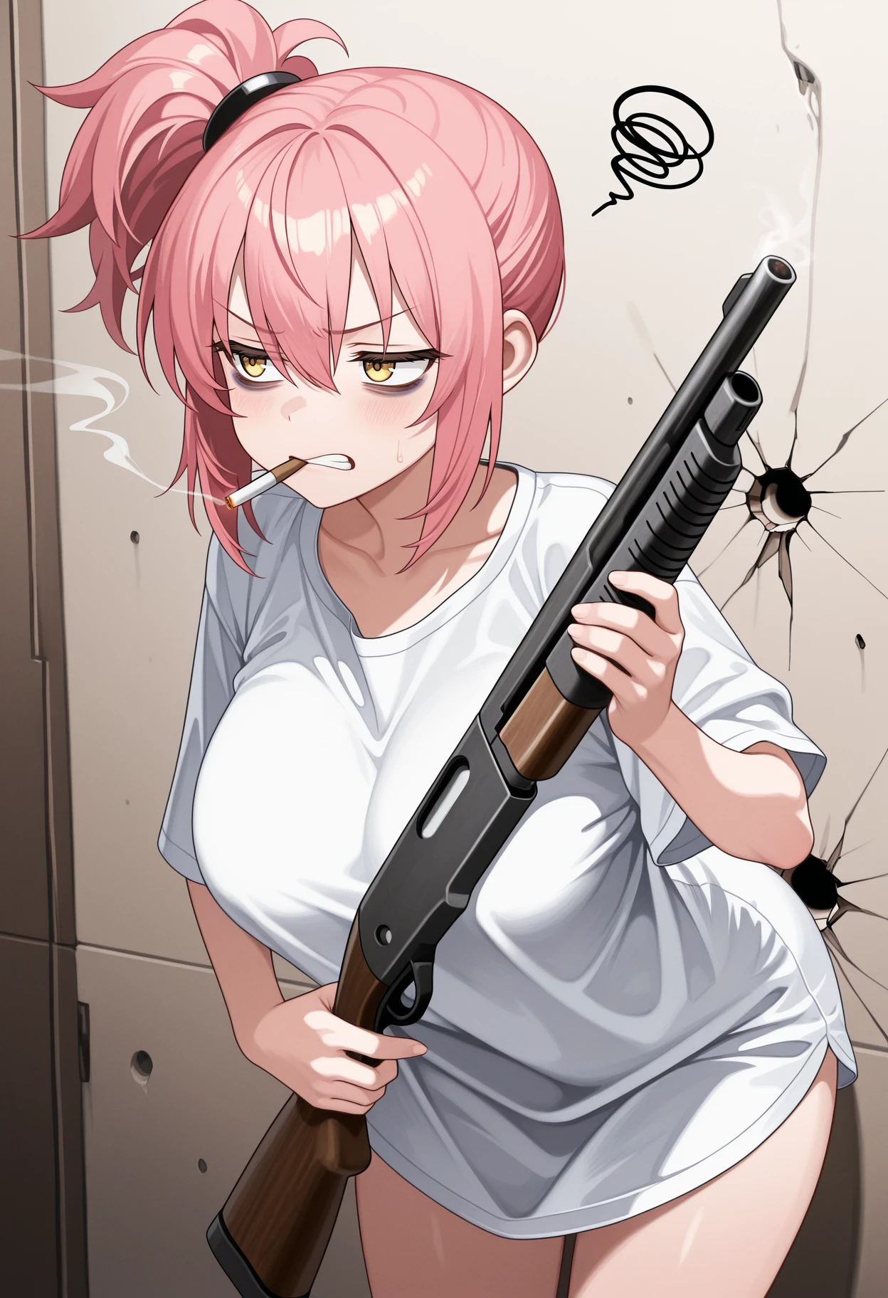 <lora:CB-Melfi3-000020:0.9> cb-melfi, cb-melfibased, 1girl, solo, pink hair, side ponytail, hair tie, large breasts, yellow eyes,
white t-shirt, oversized t-shirt, loose t-shirt, annoyed, bags under eyes, <lora:[illuXL] Remington Model 870 Shotgun (cathodeDreams):0.8> remington 870, shotgun, holding gun, weapon focus, indoors, squiggle, clenched teeth, leaning forward, cigarette in mouth, cigarette smoke, bullet holes in wall,, masterpiece, best quality, amazing quality,