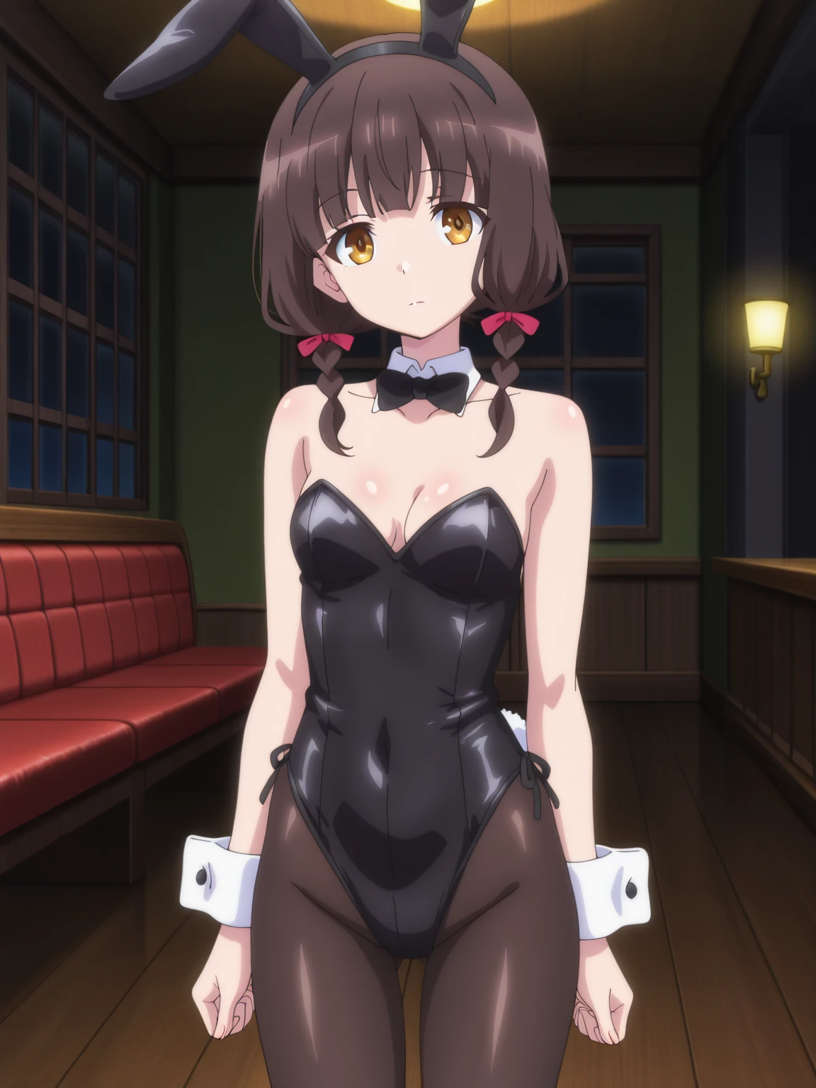 1girl, solo, masterpiece, best quality, 
<lora:AmagiBrilliantPark_SentoIsuzu:0.8>,
rabbit ears, fake animal ears, amagi brilliant park, sento isuzu, brown eyes, brown hair, long hair, ponytail, hair between eyes, hair intakes, sidelocks, antenna hair, hair bow, white bow, playboy bunny, detached collar, bare shoulders, bare arms, collarbone, leotard, latex leotard, wrist cuffs, skindentation, skin tight, cleavage, large breasts, covered navel, thighhighs, thick thighs,
reaching towards viewer,
cowboy shot, looking at viewer,
blush, nose blush, flustered,
indoors, casino
