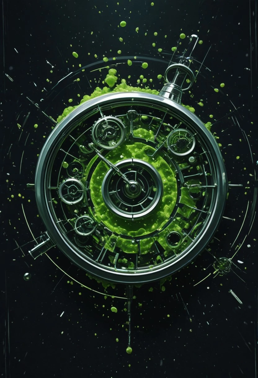 masterpiece, best quality, single levitating fruit, half organic, half clockwork, sliced open to reveal spinning galaxies, green seeds, aged metal core with moss, [void background with floating clocks, scattered feathers and books orbiting around], macro close-up, viewed from a low diagonal angle, slow rotation, gentle glint on polished brass, (organic-mechanical texture:0.9), (galaxy seed glow:0.7), (timeless mist:1.0).
ztekno artwork