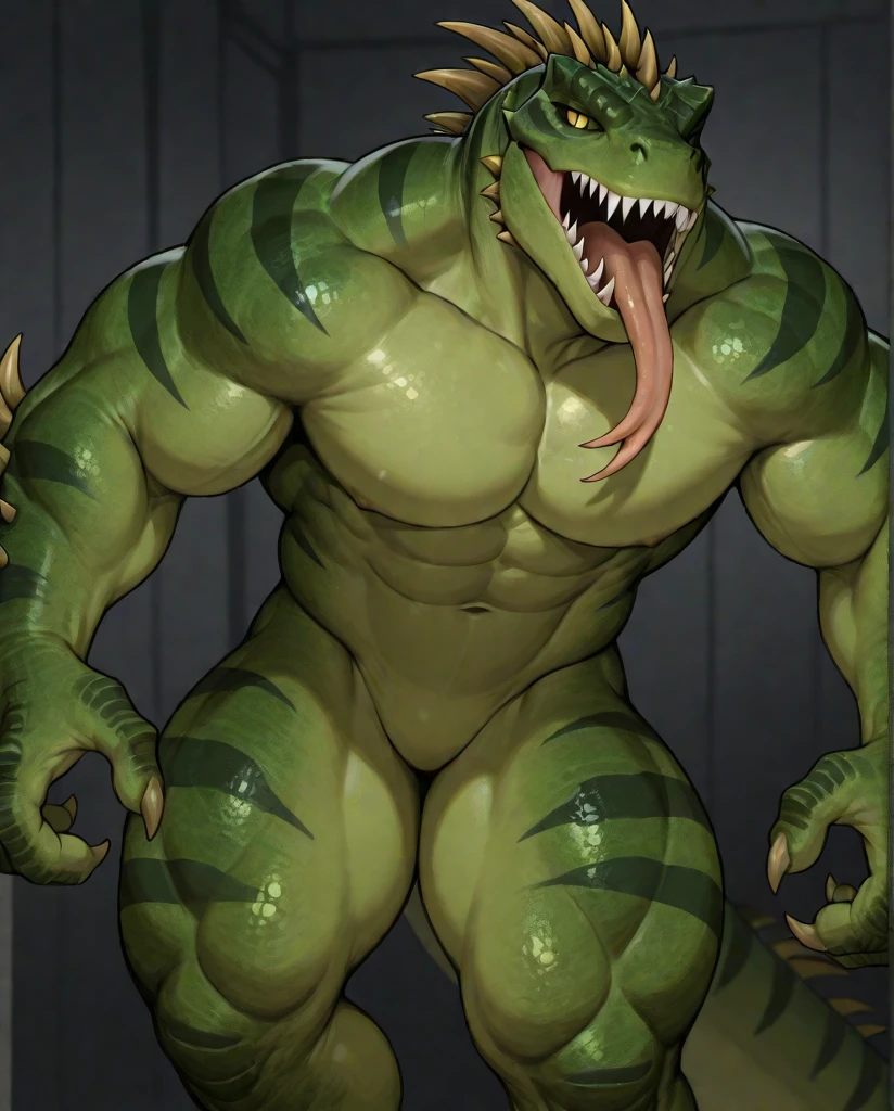 nj5furry, sweat drops, zenberu gugu, scalie, reptile, scar, anthro, crocodilian, male, solo, green body, scales, hi res, crocodylid, clothing, facial scar, muscular, green scales, teeth, zenberu gugu, cum, masturbation, erection, large penis, big dick, cumshot, massive ejaculation, handjob, standing, anal dildo