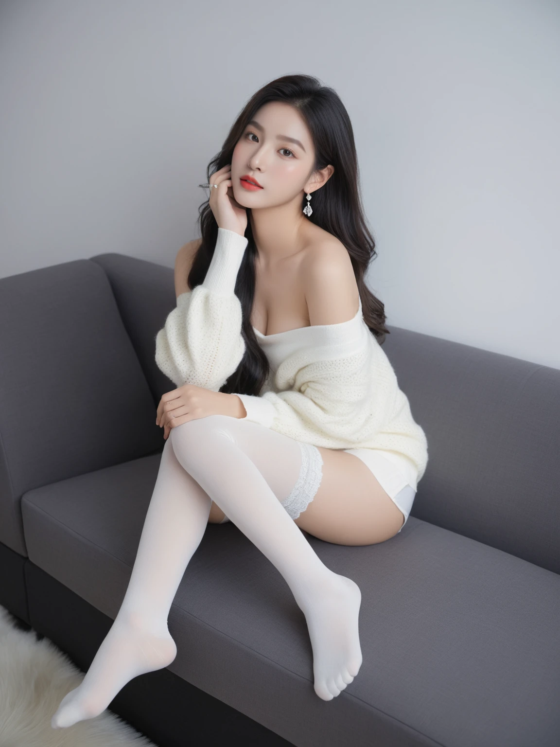 A Korean girl is posing in a photo studio with a window in the backgroundr, she wears a wool sweater goth underwear and fishnet stockings , wavy black hair blowing in the wind. She's a men's magazine model, with a subtle smile, flirting with the camera, (in evening light: 1.2), in the photo studio, perfect eyes, perfect hands, perfect body, perfect hair, perfect chest, hair behind the ear, UHD, Retina, masterpiece, precise, anatomically correct, textured skin, super detailed, high details, good quality, award-winning, best quality, high-res, 16k, 8k. fullbody
Warte auf Start 