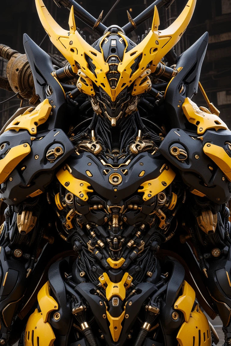 A visual arresting black gold and yellow mecha design, upper body, striking imposing
