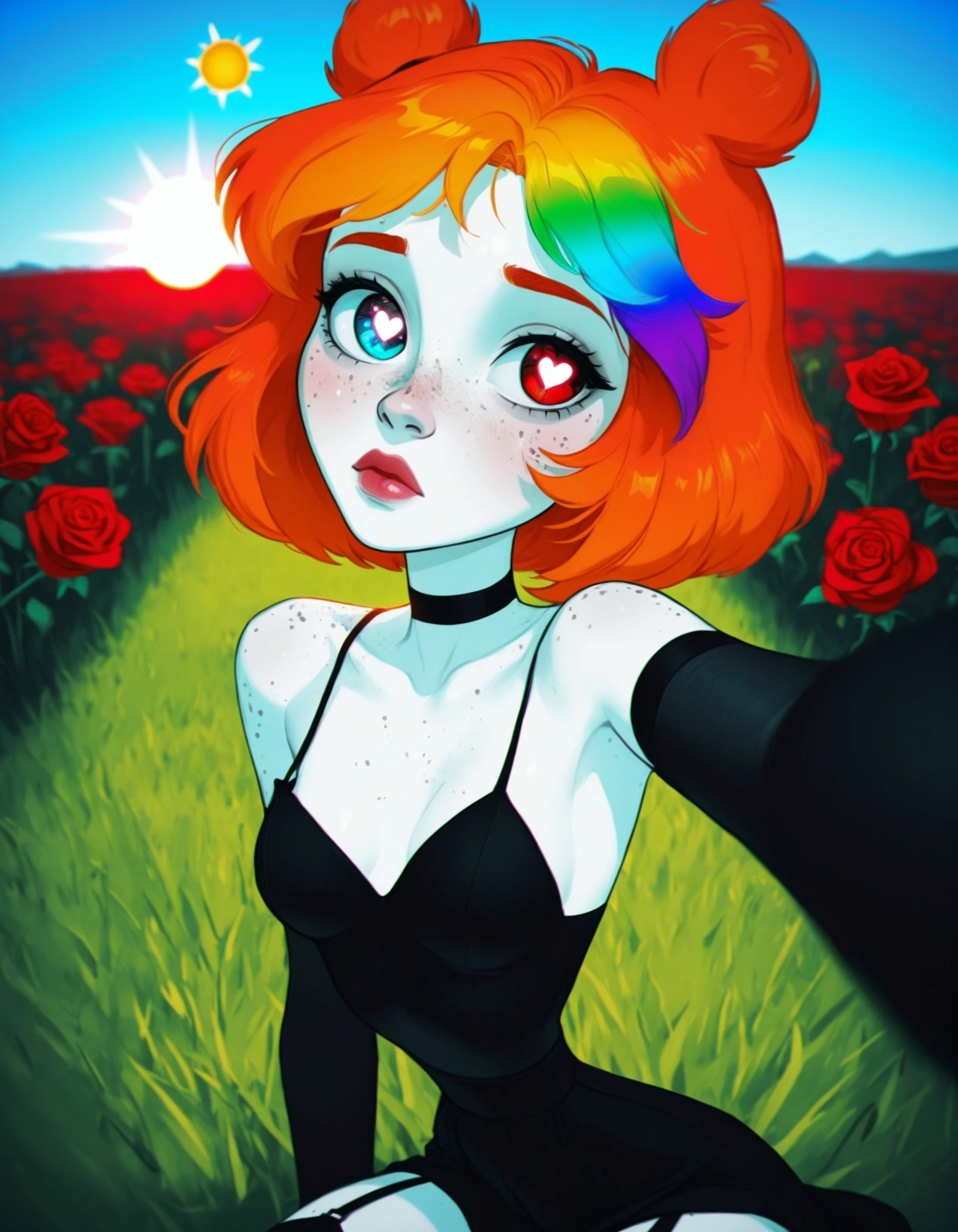1girl,Rainbow hair,glitch,Black (cloth:1.2),Violet lighting,(glow:1.2),pale skin,realism,nostalgia,side view,Choker heart,chromatic aberation,Narrow waist,stockings,cutewoman,(red rose:1.3),pale skin,(detail:1.3),orange hair,heart eyes,Narrow waist,ears,on background blue sky,sun,lighting,Black cloth,freckles,heterochromia,vignette,(radial blur:1.2),Selfie,focus blur,field grass,