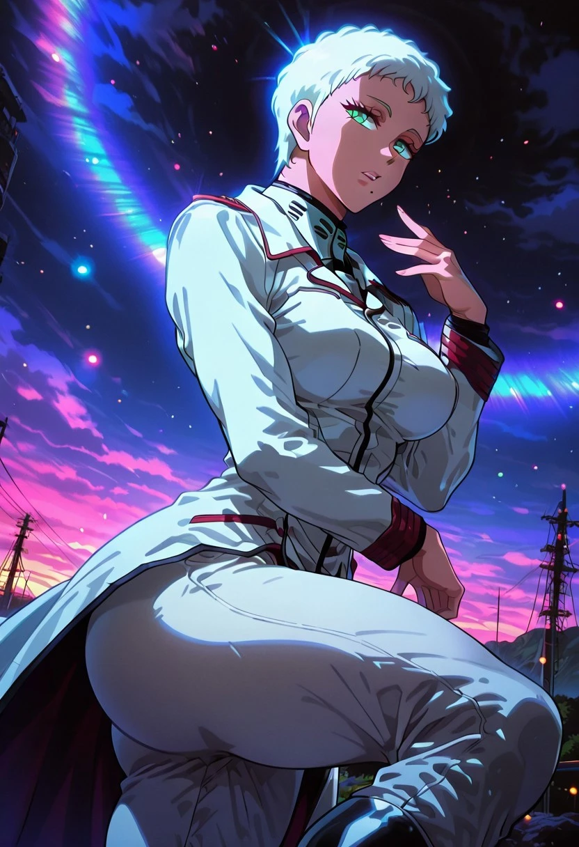 ElenaPerepelkinaTF, 1girl, solo, muscular female, tomboy, short hair, white hair, aqua eyes, full lips, pink lips, mole, mole under mouth, large breast, thick thighs, large butt, white uniform, military uniform, white pants, white coat, boots,
masterpiece, best quality, fine details, intricate details, depth of field, subsurface scattering, bokeh, ultra-detailed, very aesthetic, detailed background, newest, scenery, highres, absurdres, colorful, vibrant, glowing, perfect face, 2d, perfect eyes, vibrant saturated colors, volumetric lighting, sharp, detailed eyes, perfect anatomy, perfect face, perfect eyes, mature body, clear eyes, beautiful eyes, athletic, curvy body, athletic girl, perky tits, perfect tits, round breasts, pinup pose, teasing, lustful expression, perfect hands,
muscular female, dutch angle, dynamic pose,
,Smooth Negative, Smooth_Quality,
retro_celestial_scifi, retro artstyle
