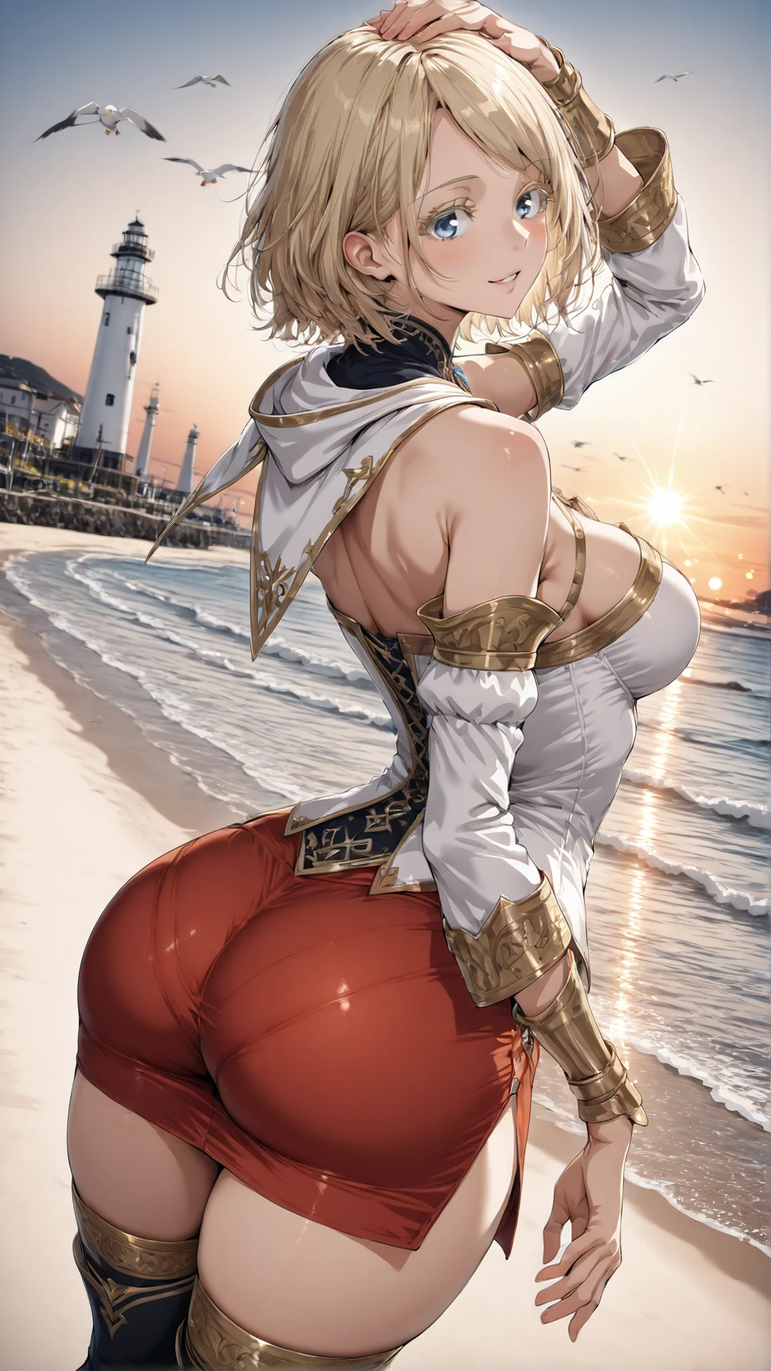 RikkuX2, ((long blonde hair, blue headband, glowing blue eyes, makeup, narrow waist, skinny, medium breasts, helmet)), pelvic curtain, ((yellow bikini, scarf, skirt, navel, detached sleeves, bikini top only)), full body, perfect body, (insanely detailed, beautiful detailed face, masterpiece, best quality) , (((solo))), (((1girl))), (((mature))), (extremely detailed 8k paper CG wall unit: 1.1), (beach, cloud, sky, sun), (smile face for the viewer), underbutt, from behind, from back