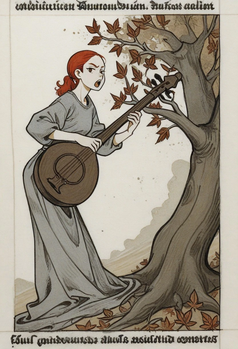 side view, fine art parody, faded sketch background, basic coloring, colored ink \(medium\), branches, inkblot, leaves, text, abstract composition, soft gradients, contrasting colors, detailed, stylized anatomy, side view, rough paper texture \(traditional media\), 1 red hair female, detailed, full body, [female:skinny, standing, holding guitar],  leaves, medieval clothes, open mouth, playing instrument, furrowed eyebrows, bent forward, turned head, looking at the viewer, (dynamic pose), tilted midsection, (dutch angle), (side view), antiqued, pen_realism