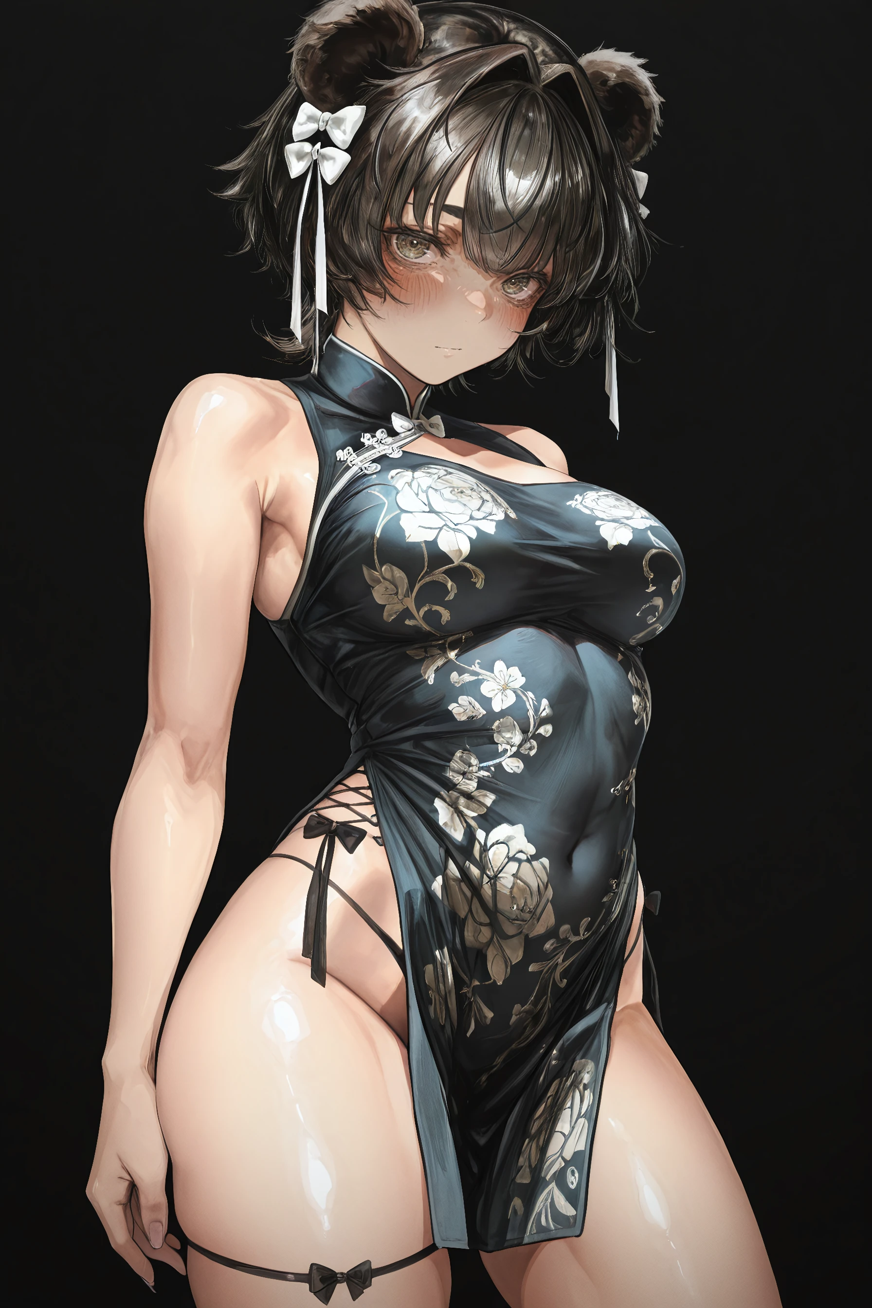 (gaku artstyle), masterpiece, best quality, amazing quality, very aesthetic,solo,black background,solo,(panda girl, , short hair,),chinese dress with thigh slit, strap, bows, shoulders,