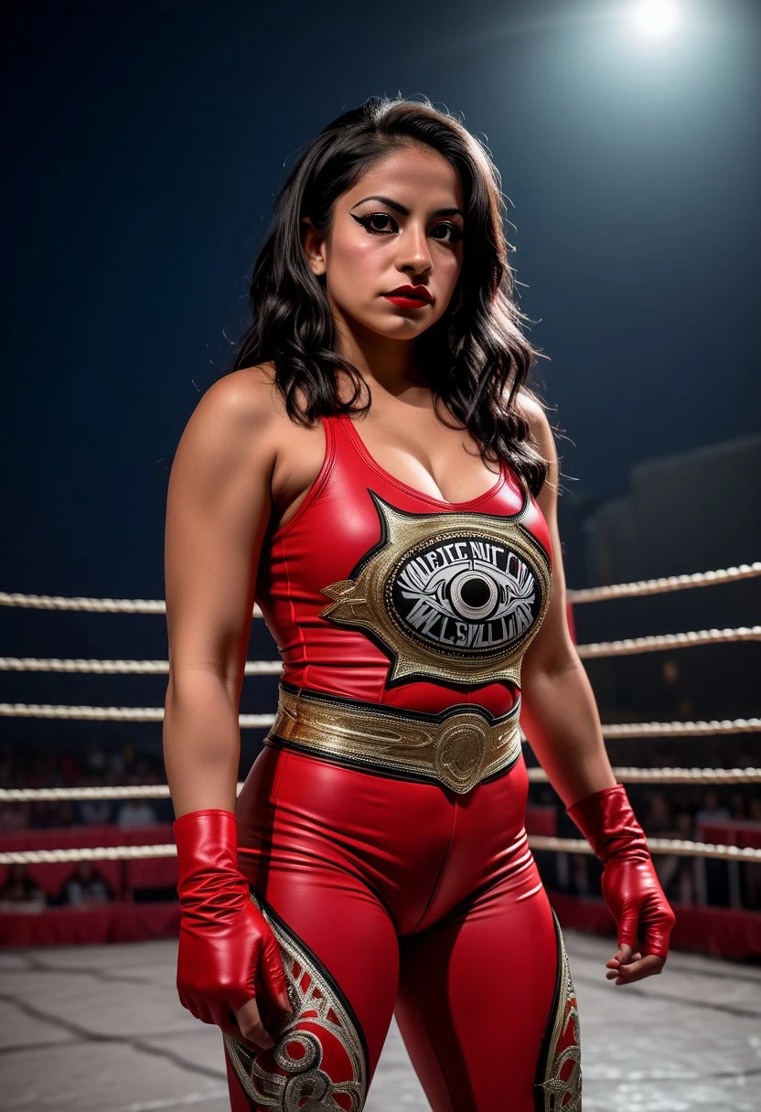 Sexy wrestler with large breasts in a ring, exotic mask, showing abdomen, of Mexican nationality and with great pride in his country 