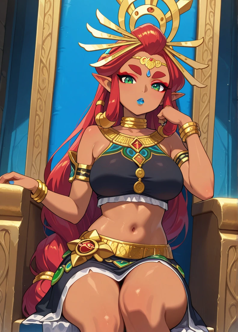 tall_female,Urbosa, large breasts,abs, armor, blue lips, very long hair, circlet, crop top, dark-skinned female, dark skin, earrings, green eyes, hoop earrings, jewelry, long hair, lingerie , makeup, midriff, muscular, muscular female, narrowed eyes, navel, neck ribbon, pointy ears, red hair, ribbon, swept bangs, tan, wide ponytail, big hair, wide hips, toned, curvy, gerudo,ornate,, 1girl, solo, looking at viewer,straight-on, upper body, official art, highres, scenery, (masterpiece:1.1), (best quality,:1.1), (high quality:1.1), (anime screencap:1.2), exposed pussy