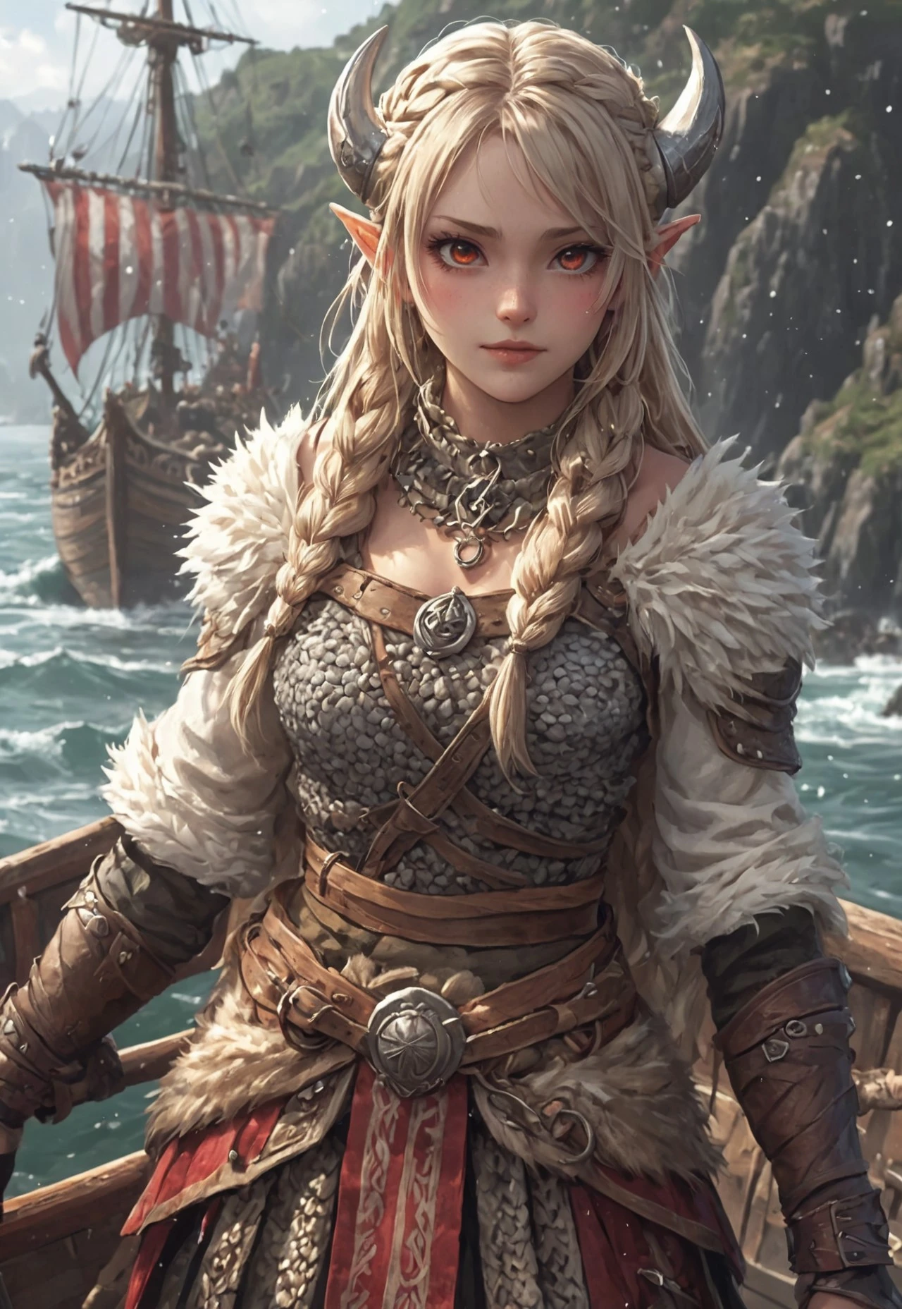made_from_teef, very detailed, ultra-detailed, hyper detailed, Close up shot. Image is a high resolution anime style artwork featuring a beautiful viking female character on a longship in the middle of the sea. Off in the distance is a beautiful and serene island with a rural village. At the front of the viking longship is the female viking clad in simple chainmail armor with a red and white striped talbard over it and a fur cloak. She has an exotic braided blond hairstyle with brown eyes. Her expression is a sinister one of a yandere. The longship has different colorful round shields along the side of it with a striped red and white sail. In the background is fog, a small village, open ocean, grassy island, small monestary,
