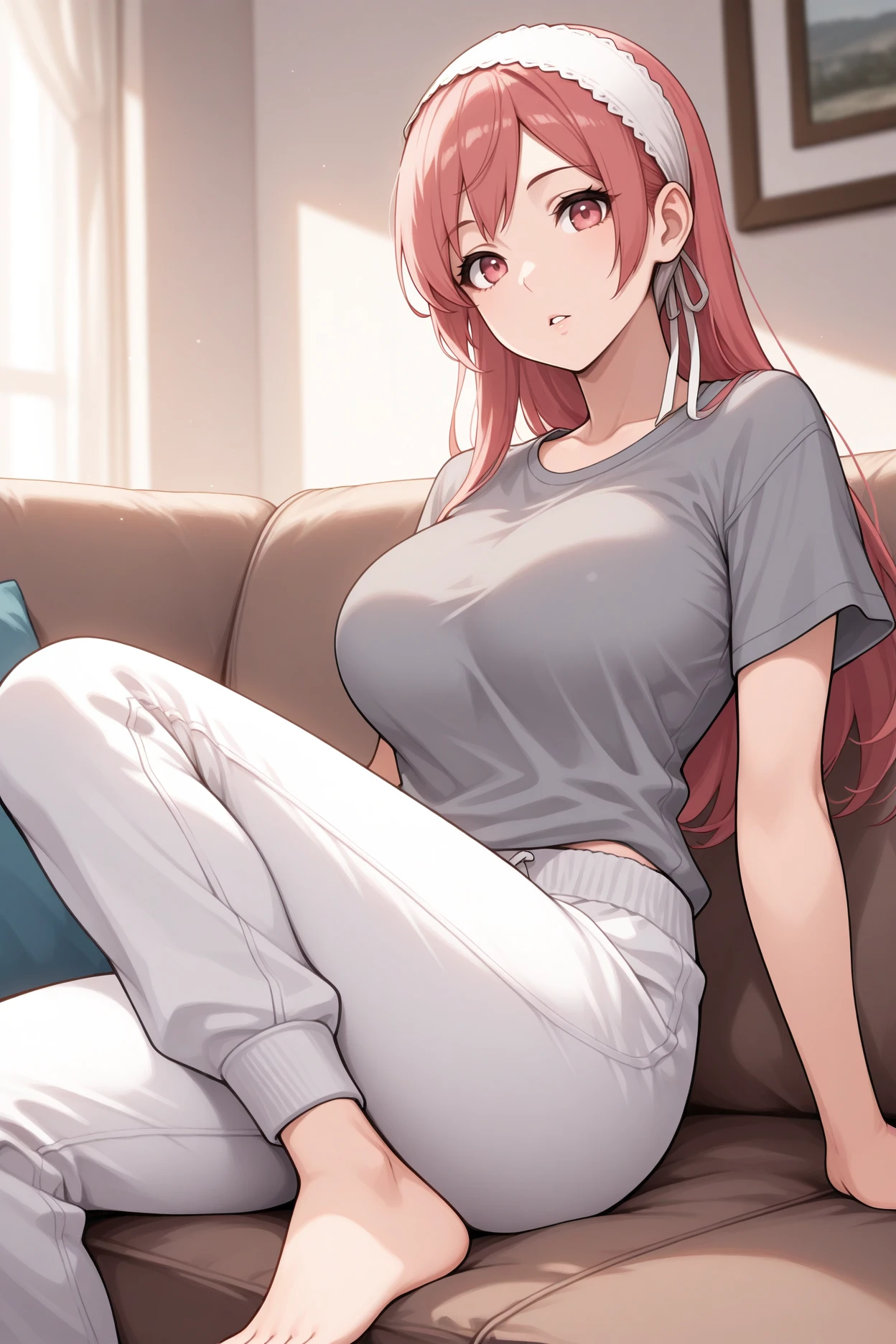 masterpiece, best quality, 1girl, solo, <lora:fecherche-illu-nvwls-v1-000006:1> defcr, pink hair, long hair, pink eyes, large breasts, white hairband, grey t-shirt, white pants, sweatpants, sitting, barefoot, couch, living room, looking at viewer, parted lips