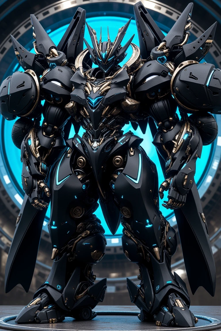 A massive black blue mecha, standing, sci-fi high tech circular aura, side flags, capes, fabric