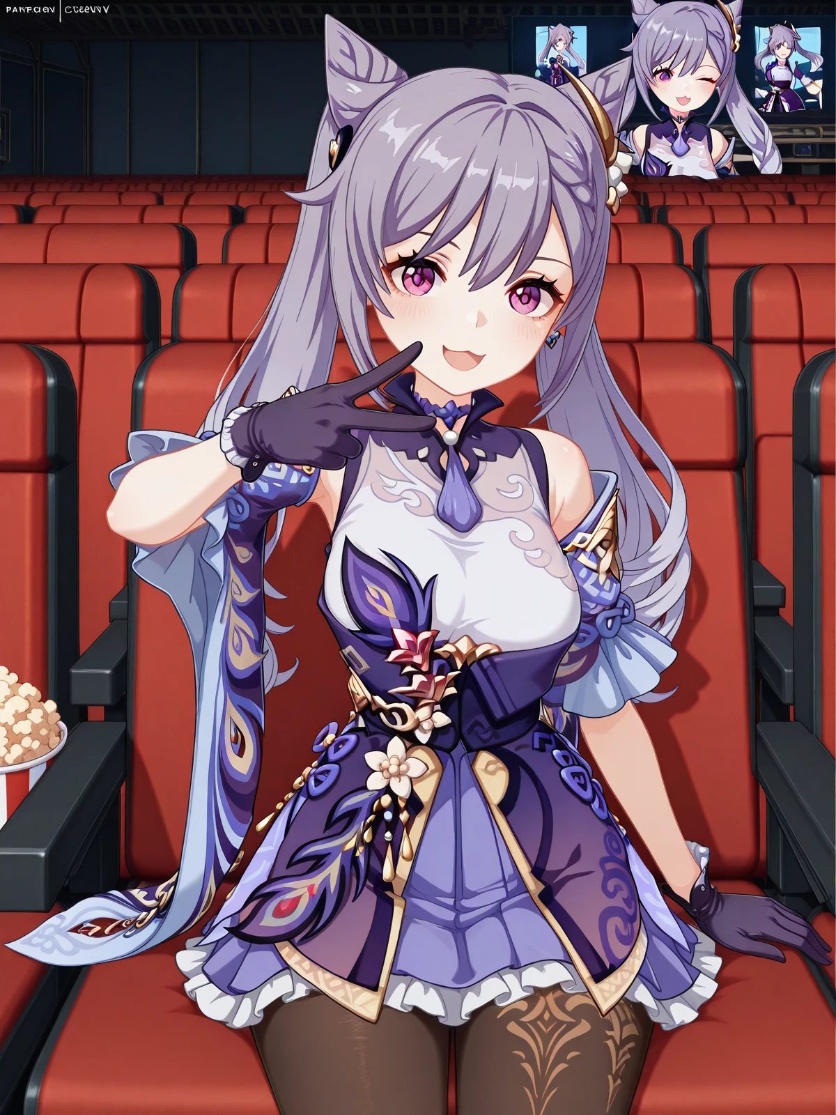 masterpiece, best quality, amazing quality,, <lora:genshin-keqing-ingame-illustriousxl-lora-nochekaiser:1>, keqing, keqing (genshin impact), braid, cone hair bun, hair bun, hair ornament, long hair, purple eyes, purple hair, mature female, medium breasts, 3d,, bare shoulders, black pantyhose, detached sleeves, dress, gloves,, <lora:gyaru-v-illustriousxl-lora-nochekaiser:1>, gyaruv, solo, looking at viewer, blush, smile, open mouth, sitting, one eye closed, v, :3,, movie theater, screen, seats, popcorn, film, cowboy shot, solo, looking at viewer,