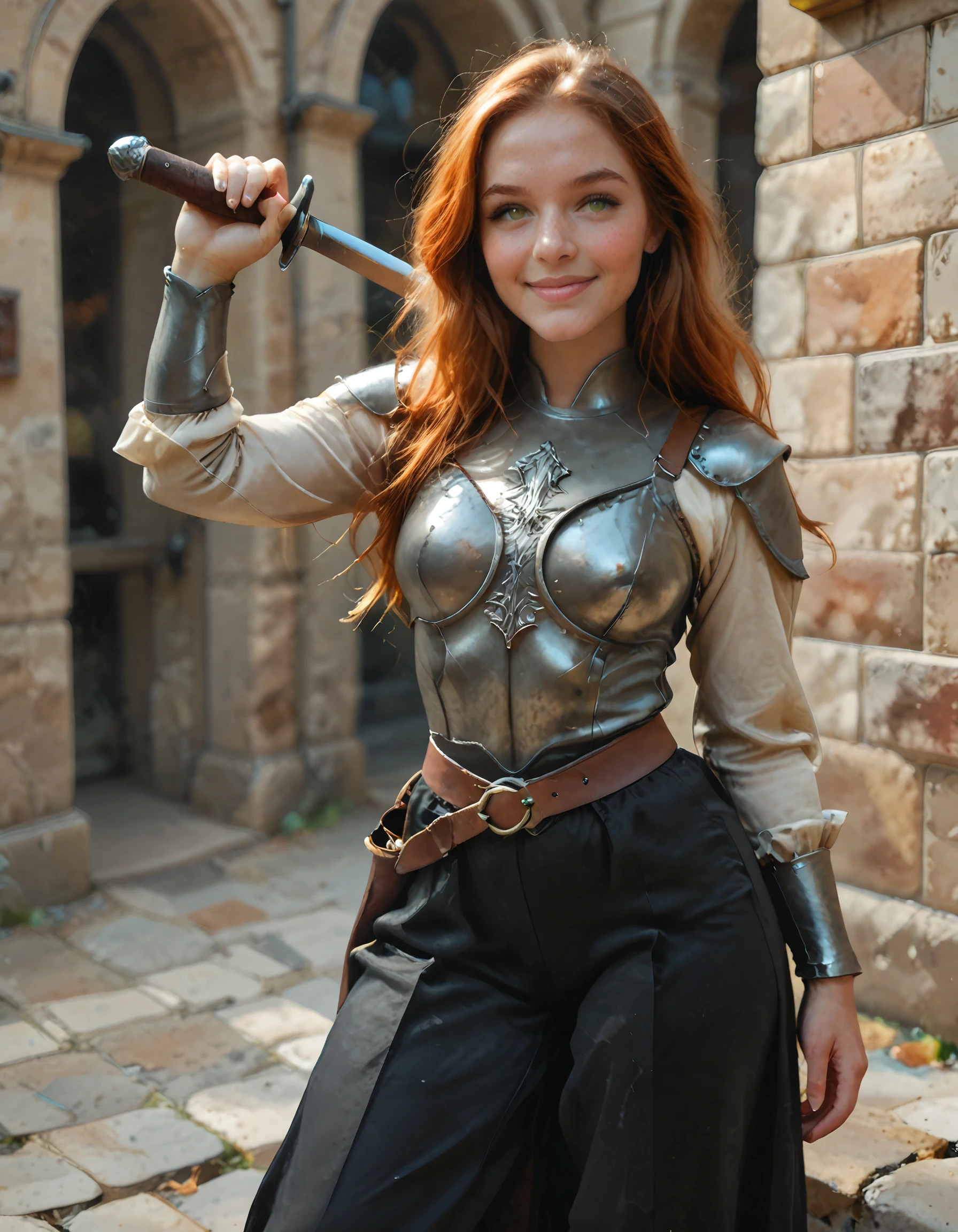 masterpiece, best quality, amazing quality, very aesthetic, absurdres, Darlene, artist style, 1girl, sexy, pose, medieval setting, green eyes, long hair, ginger hair, swept hair, long hair, small breasts, cuirass, black leather pants, short sword in scabbard, detailed face, lineless, incoth, sassy smile, city background, dynamic background,