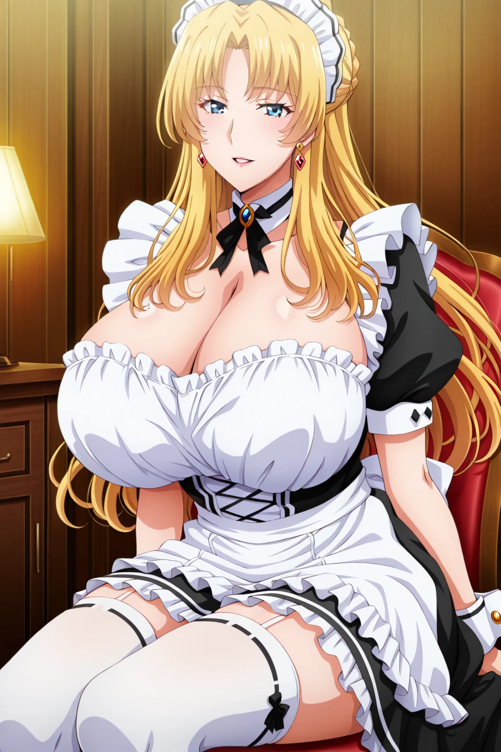 The luxurious and high-class Victorian maid outfit is covered with luxurious gold embroidery and edging, and the blouse, apron, and headband are also decorated with luxurious gold embroidery and edging, exposing the breasts, nipples, and panties.、((Highest quality)), ((masterpiece)), (detailed), （Perfect Face）、The woman is Tierre, with green eyes, medium-long blonde hair, a Victorian maid outfit and maid headband, jeweled earrings, and an engagement ring.、The woman is smiling fondly in a luxurious room、The Victorian maid uniform is a calm, old-fashioned type with long sleeves and a long skirt, decorated with luxurious gold embroidery and edging.