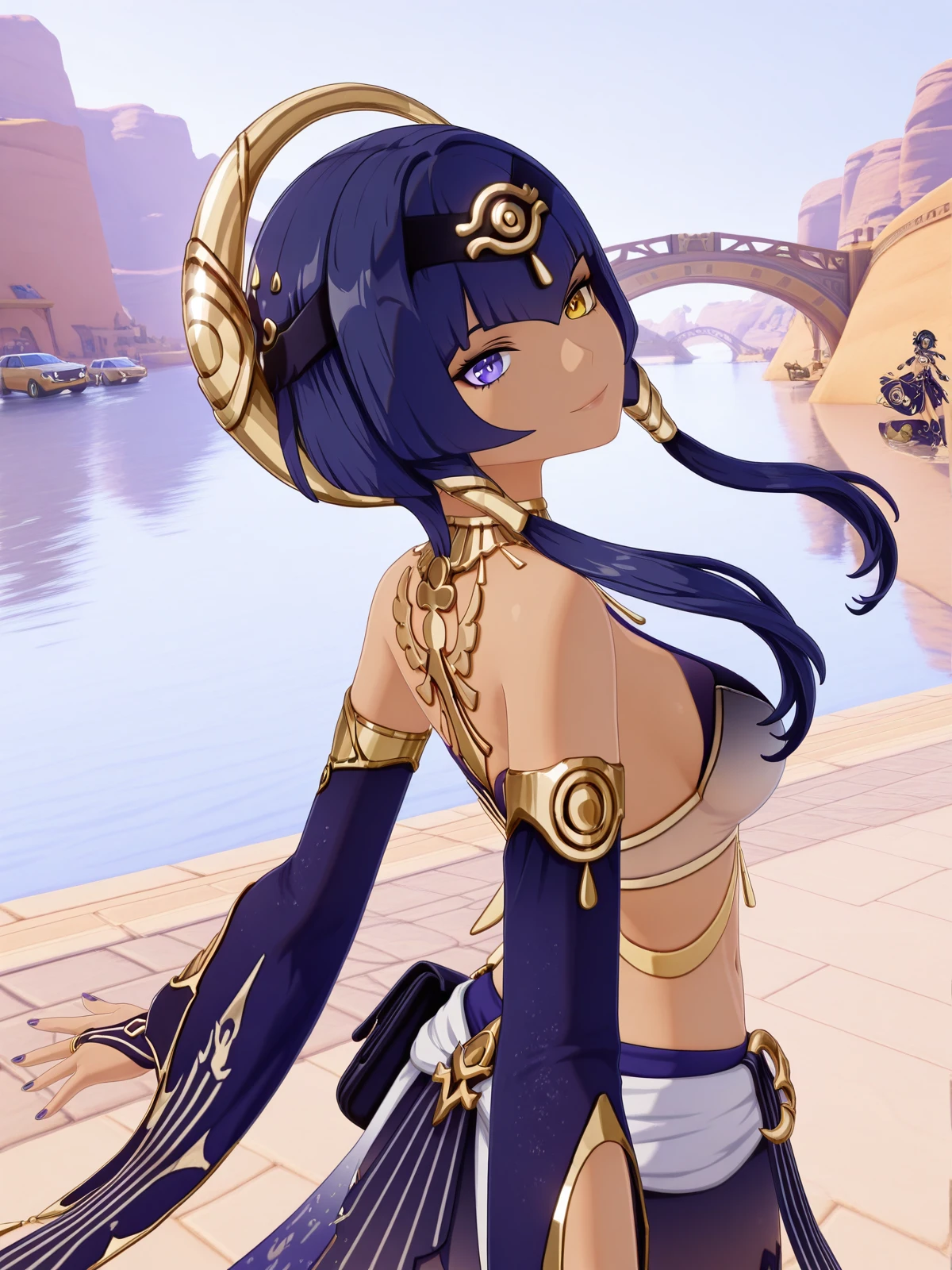 masterpiece, best quality, amazing quality,, <lora:genshin-candace-ingame-illustriousxl-lora-nochekaiser:1>, candace, candace (genshin impact), bangs, blue eyes, hair ornament, blue hair, yellow eyes, sidelocks, dark skin, dark-skinned female, heterochromia, short hair with long locks, eye of horus, mature female, breasts, 3d,, navel, jewelry, detached sleeves, nail polish, egyptian clothes,, <lora:shaft-look-illustriousxl-lora-nochekaiser:1>, shaft look, looking back, from behind, head tilt, cowboy shot, smile,, bridge, connection, water, road, cars, cowboy shot, solo, looking at viewer,