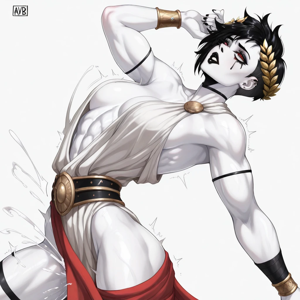 masterpiece, best quality, newest, absurdres, highres, ABV1, arched back, female focus, orgasm, 1girl, pale, white skin, colored skin, makeup, black makeup, black lips, eye shadow, ancient greek clothes, side cut, sleeveless, armor bracelet, short hair, tomboy, toned, muscular female, laurel crown, red eyes, black hair,