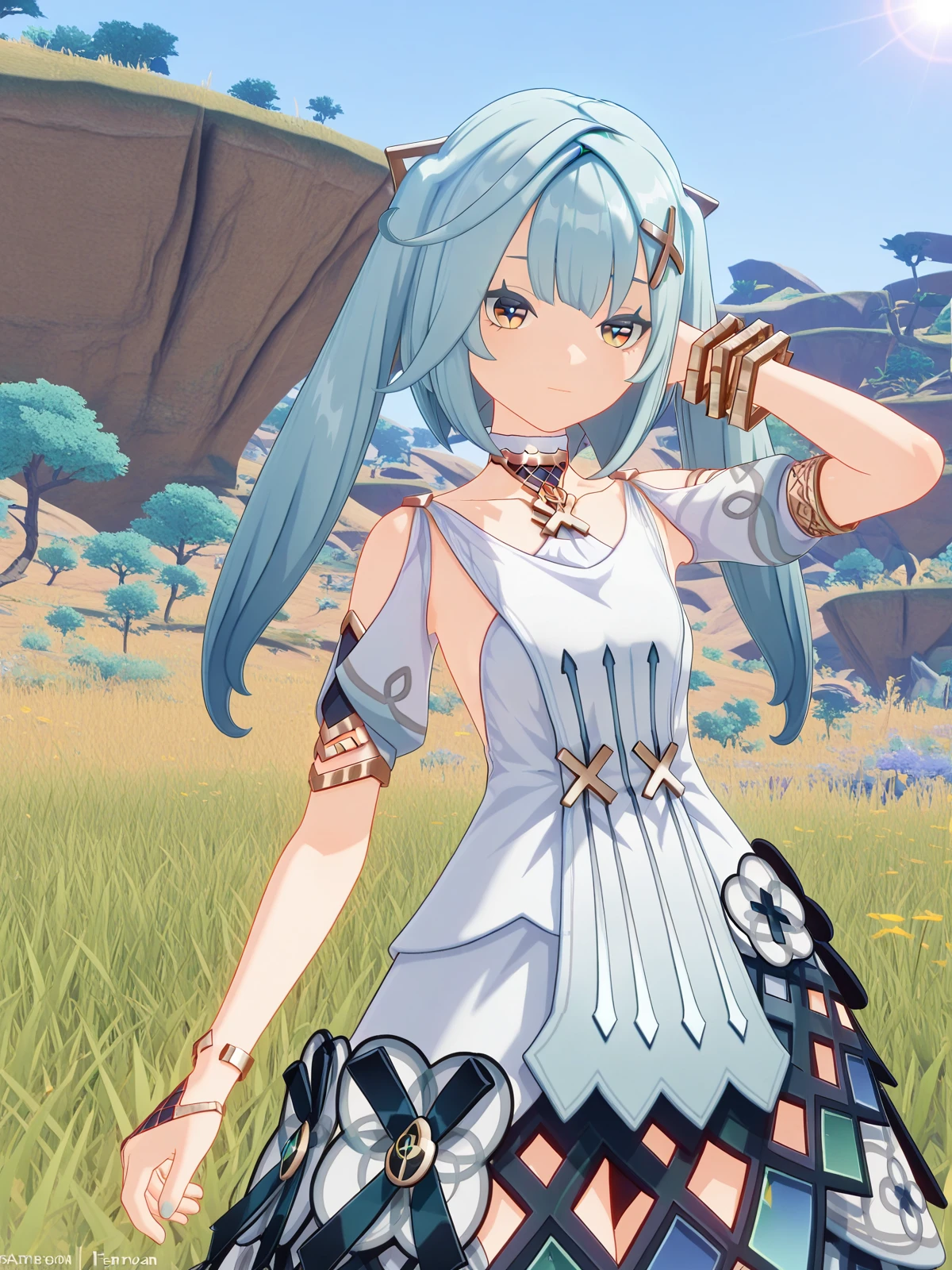 masterpiece, best quality, amazing quality,, <lora:genshin-faruzan-ingame-illustriousxl-lora-nochekaiser:1>, faruzan, faruzan (genshin impact), long hair, bangs, hair ornament, twintails, blue hair, ahoge, aqua hair, x hair ornament, cowlick, mature female, small , 3d,, dress, jewelry, white dress, bracelet, shoulder cutout,, hand behind head, , Outdoors, nature, scenery, open_space, sunlight, cowboy shot, solo, looking at viewer,