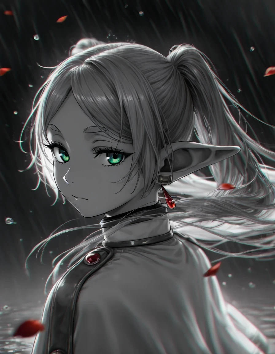 <lora:illustriousXLv01_stabilizer_v1.200_1:0.4><lora:noobai_ep10_stabilizer_v0.251_1_fp16:0.4><lora:illus01_style_collection_elpe_v0.22:0.2><lora:illus01_style_collection_dcr_v0.7:0.1>1girl,frieren,closed mouth,upper body,red spot color,falling petals,wind,black and white monochrome,cinematic lighting,depth of field,vignetting,light particles,dark background,raining,water drop,chromatic aberration,[:masterpiece:0.3],looking back,