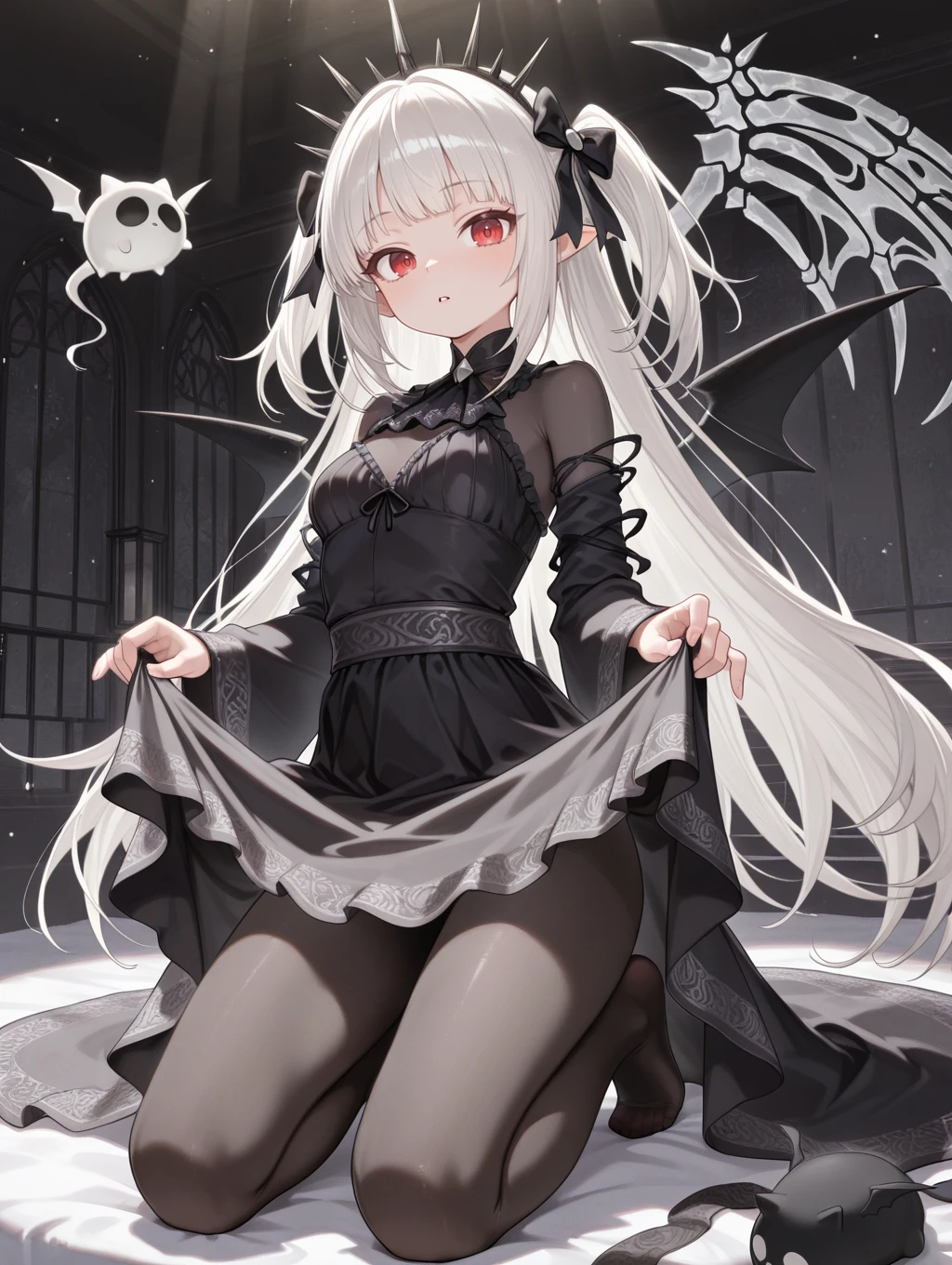 Gothic chibi girl, orange twin-tails, black dress, red eyes, creepy cute, kawaii, chibi art, spooky aesthetic, horror style, dark fantasy, detailed character design, fantasy illustration, interesting pose, random pose